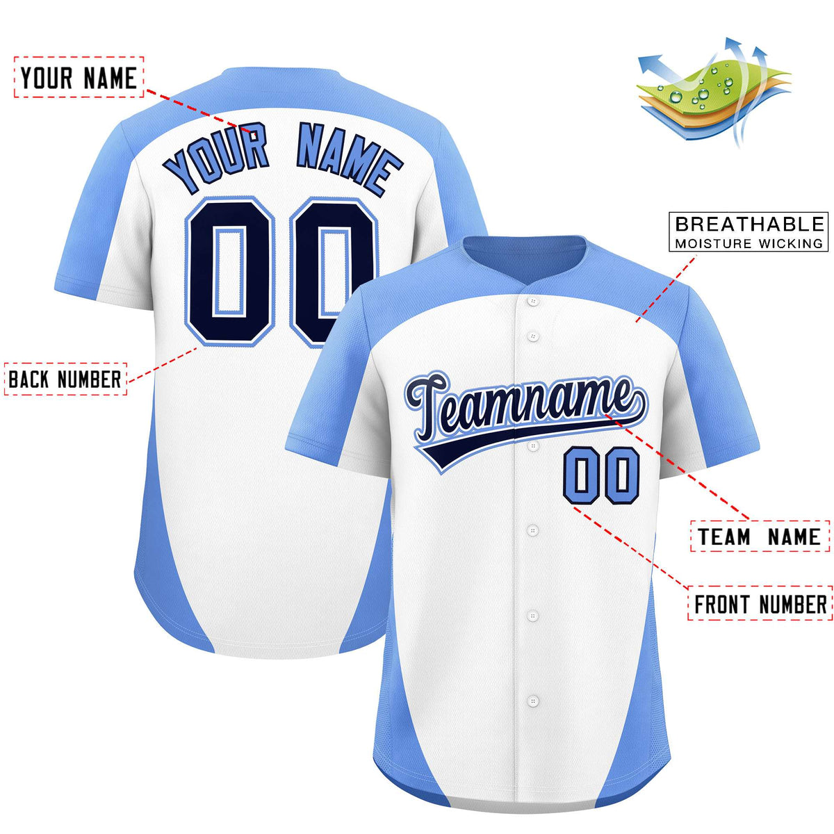 Custom White Light Blue Personalized Edge Color Block Authentic Baseball Jersey