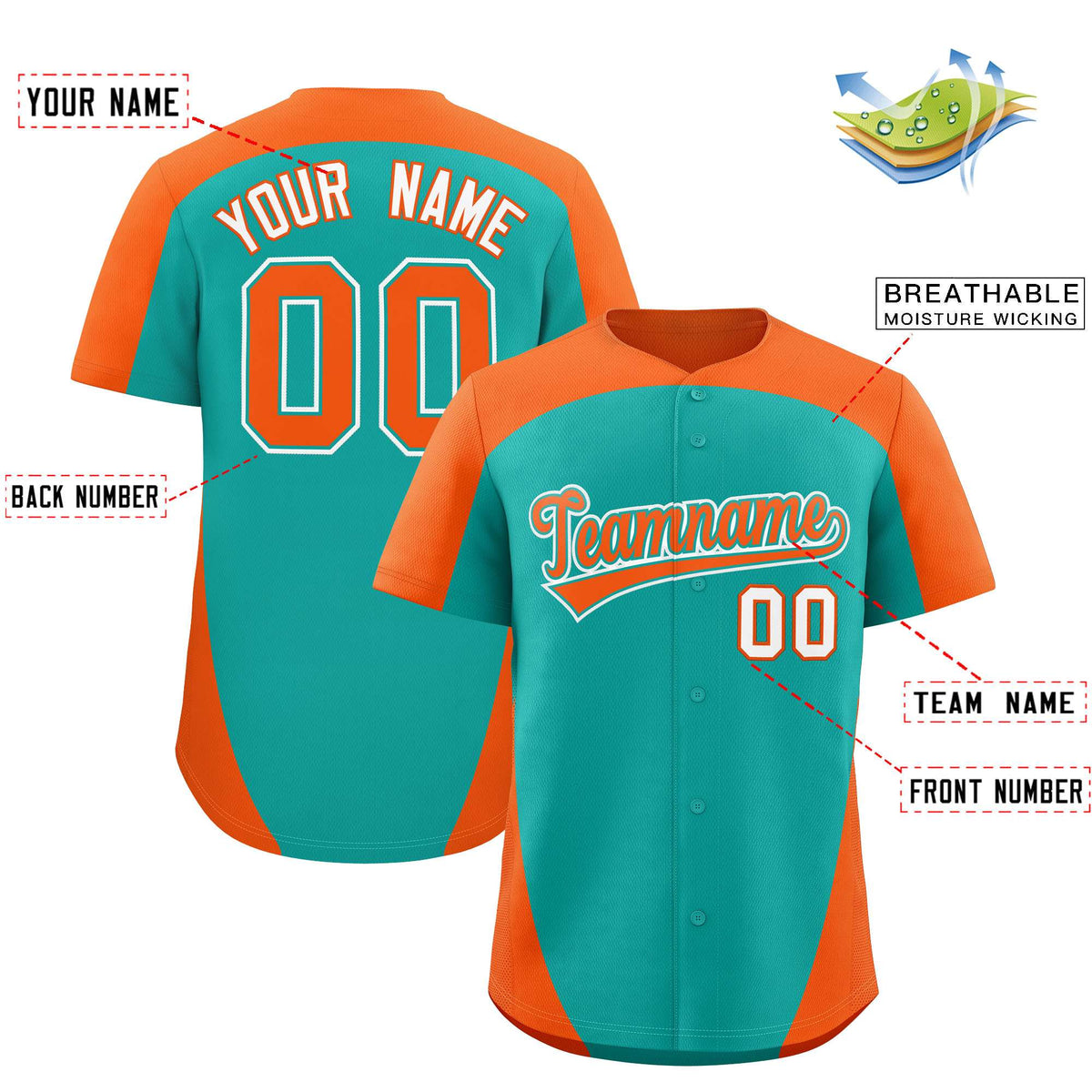 Custom Aqua Orange Personalized Edge Color Block Authentic Baseball Jersey