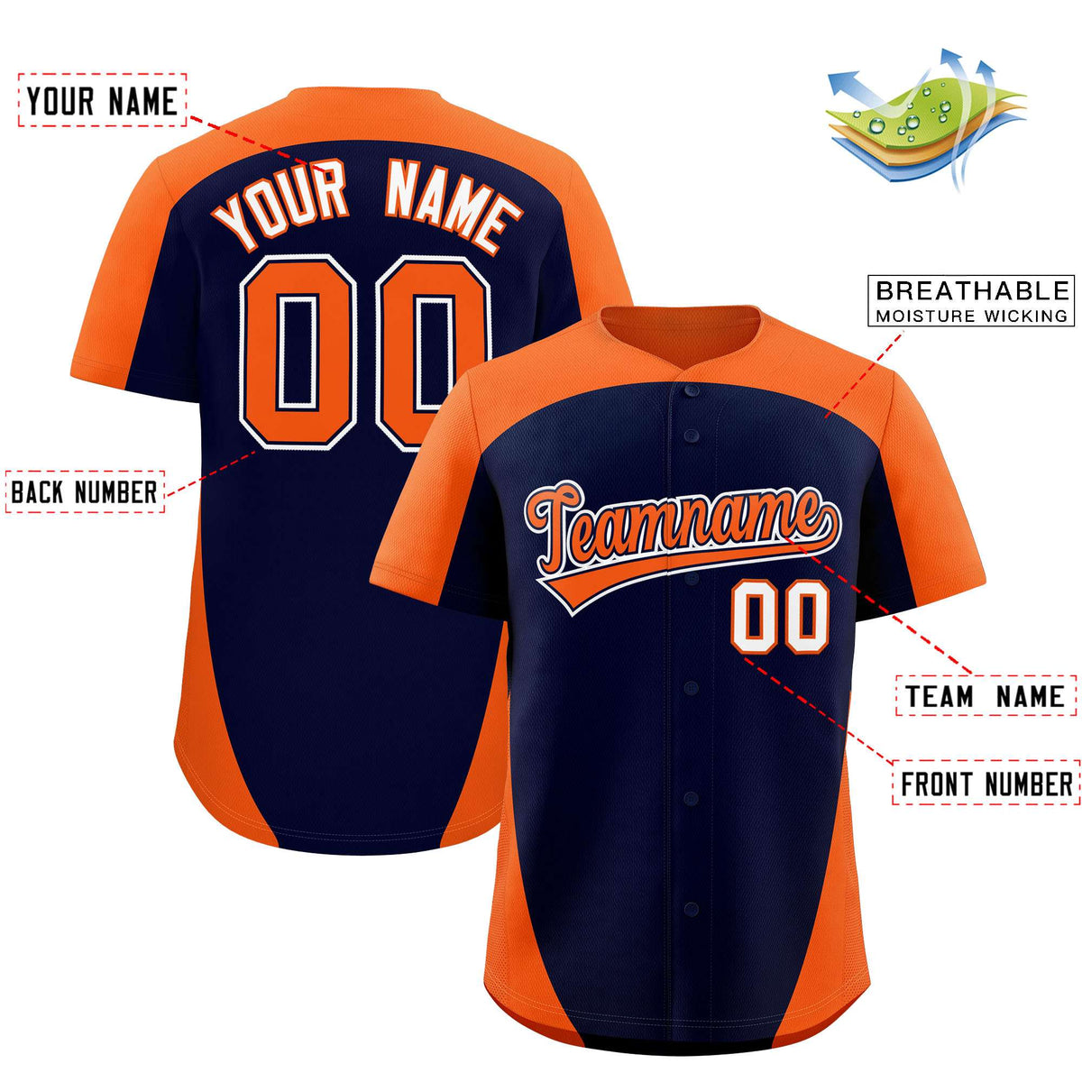 Custom Navy Orange Personalized Edge Color Block Authentic Baseball Jersey