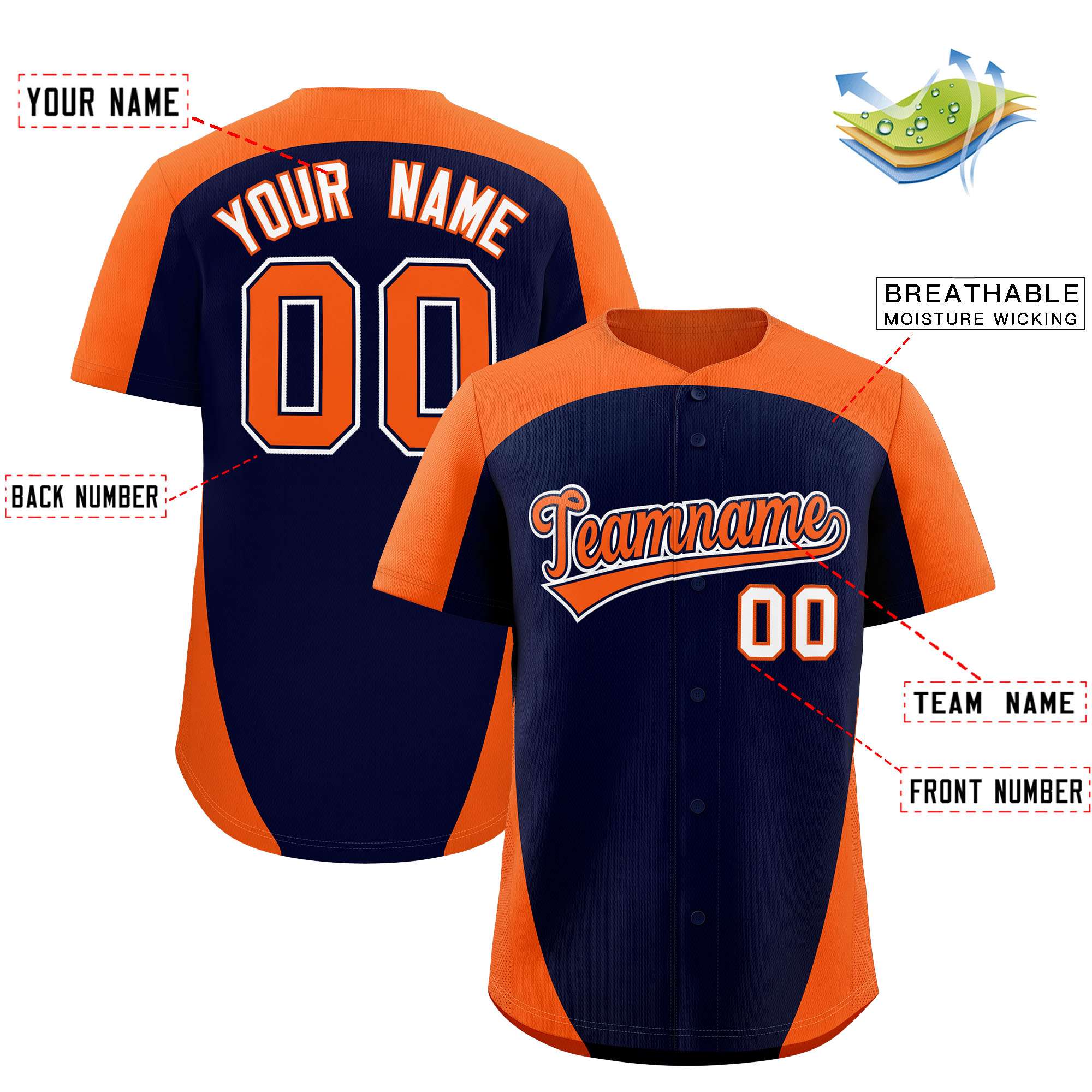 Custom Navy Orange Personalized Edge Color Block Authentic Baseball Jersey