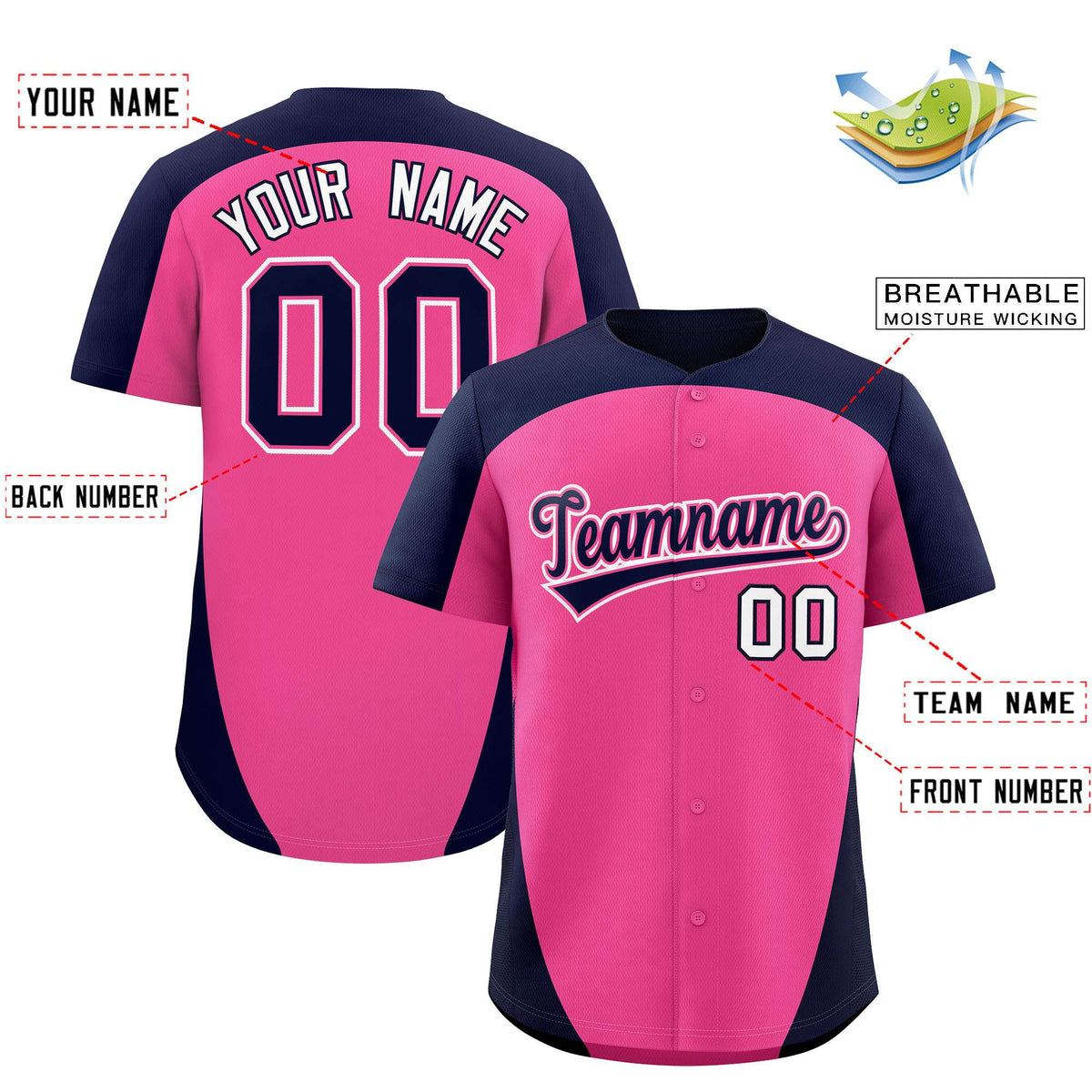 Custom Pink Navy Personalized Edge Color Block Authentic Baseball Jersey