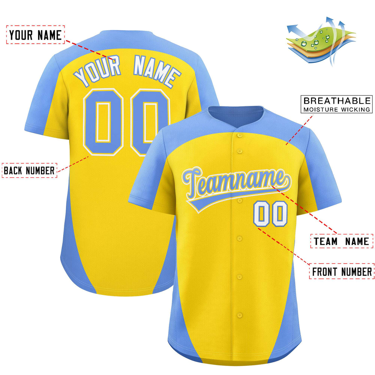 Custom Gold Light Blue Personalized Edge Color Block Authentic Baseball Jersey