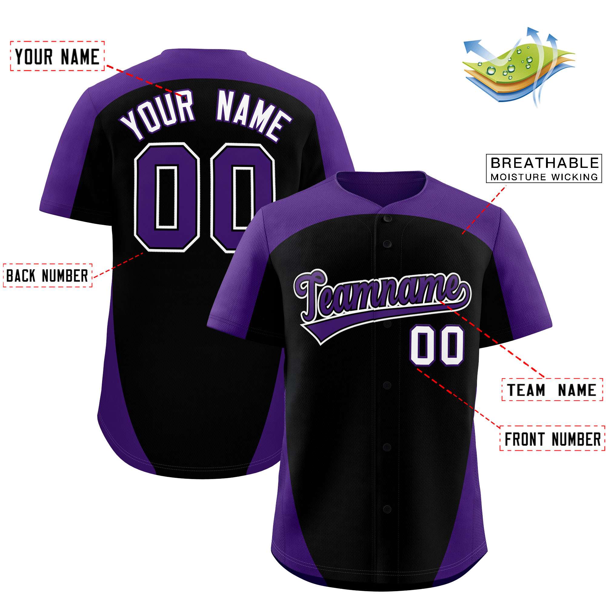 Custom Black Purple Personalized Edge Color Block Authentic Baseball Jersey