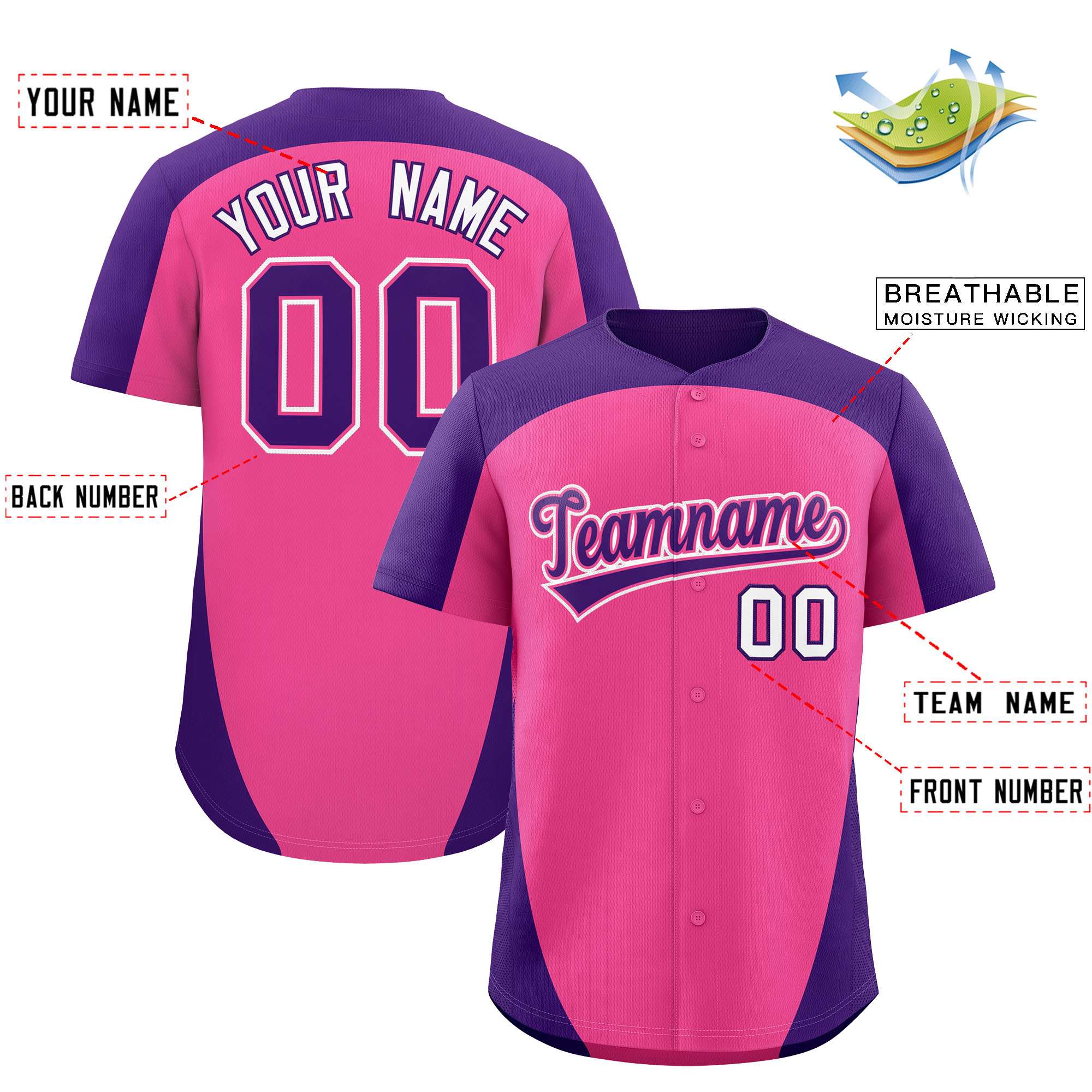 Custom Pink Purple Personalized Edge Color Block Authentic Baseball Jersey