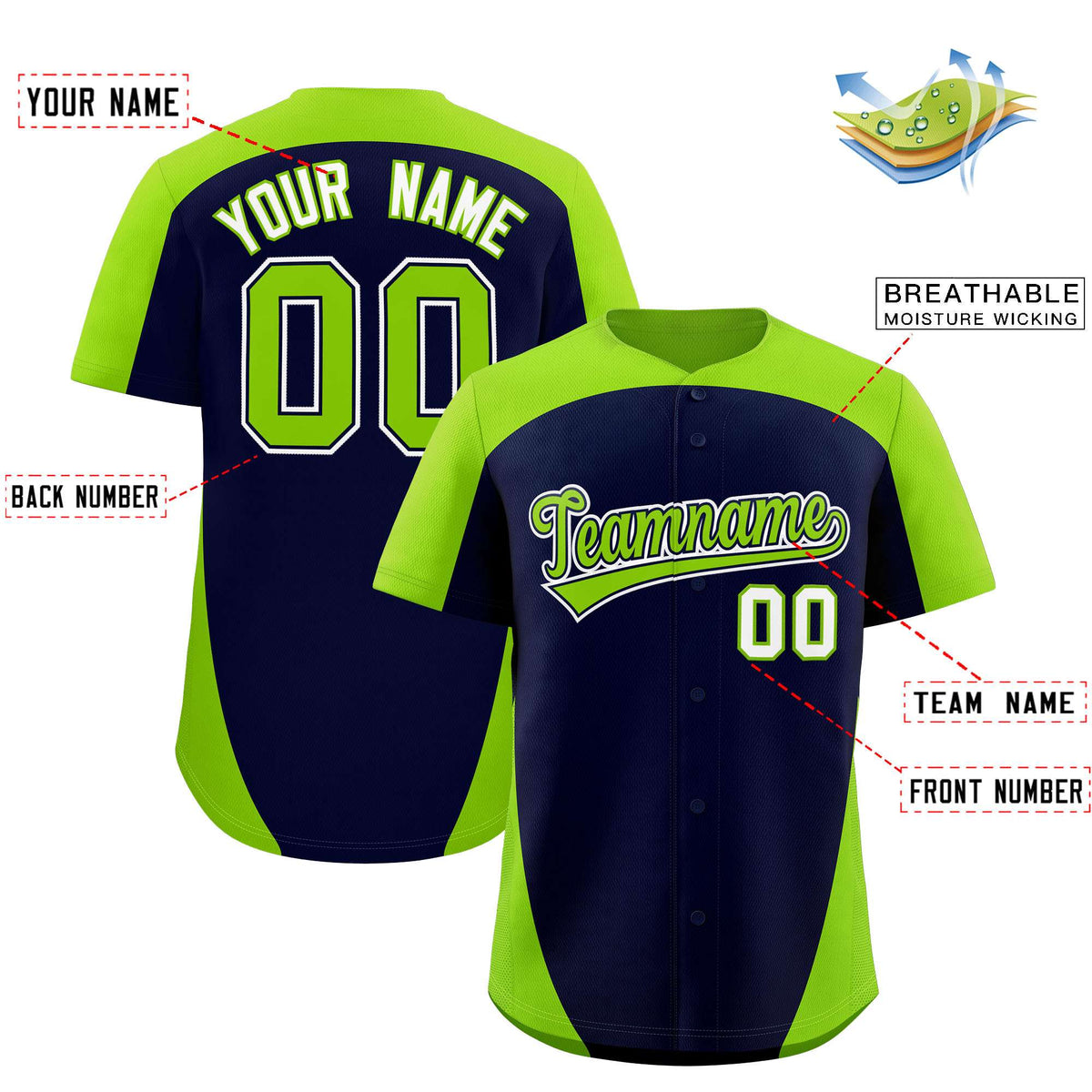 Custom Navy Neon Green Personalized Edge Color Block Authentic Baseball Jersey