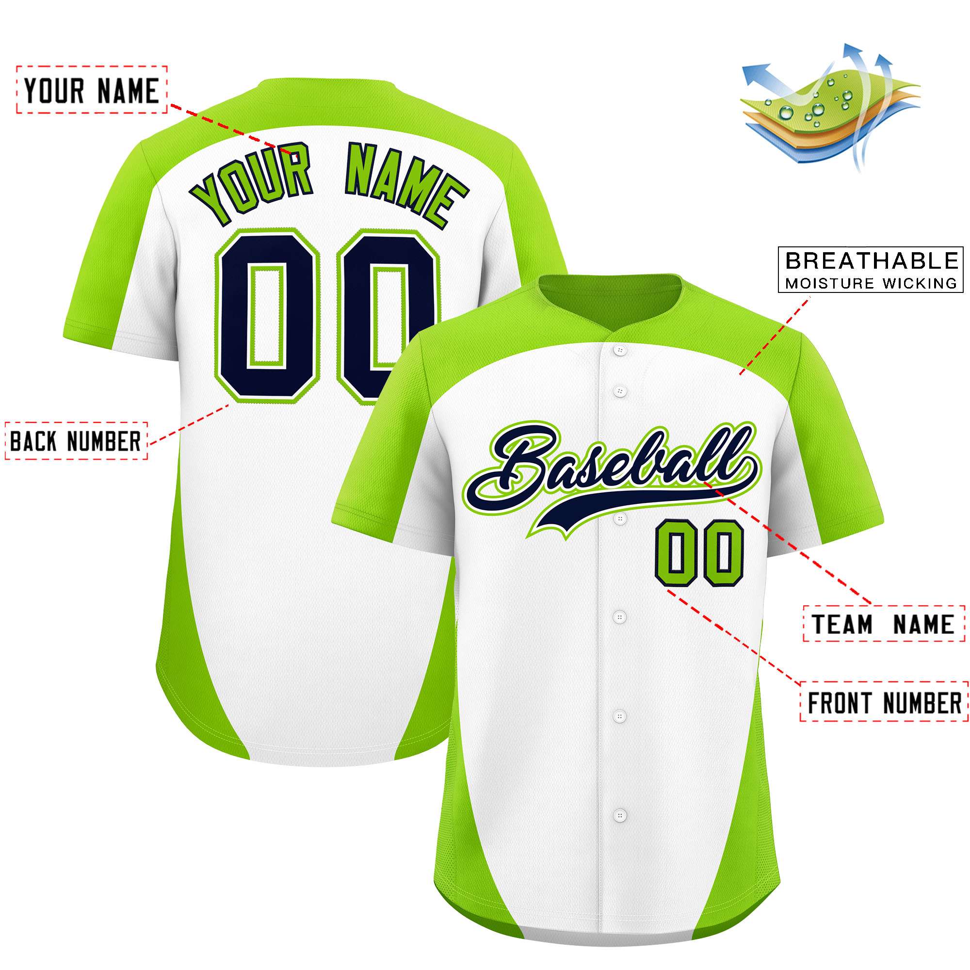 Custom White Neon Green Personalized Edge Color Block Authentic Baseball Jersey
