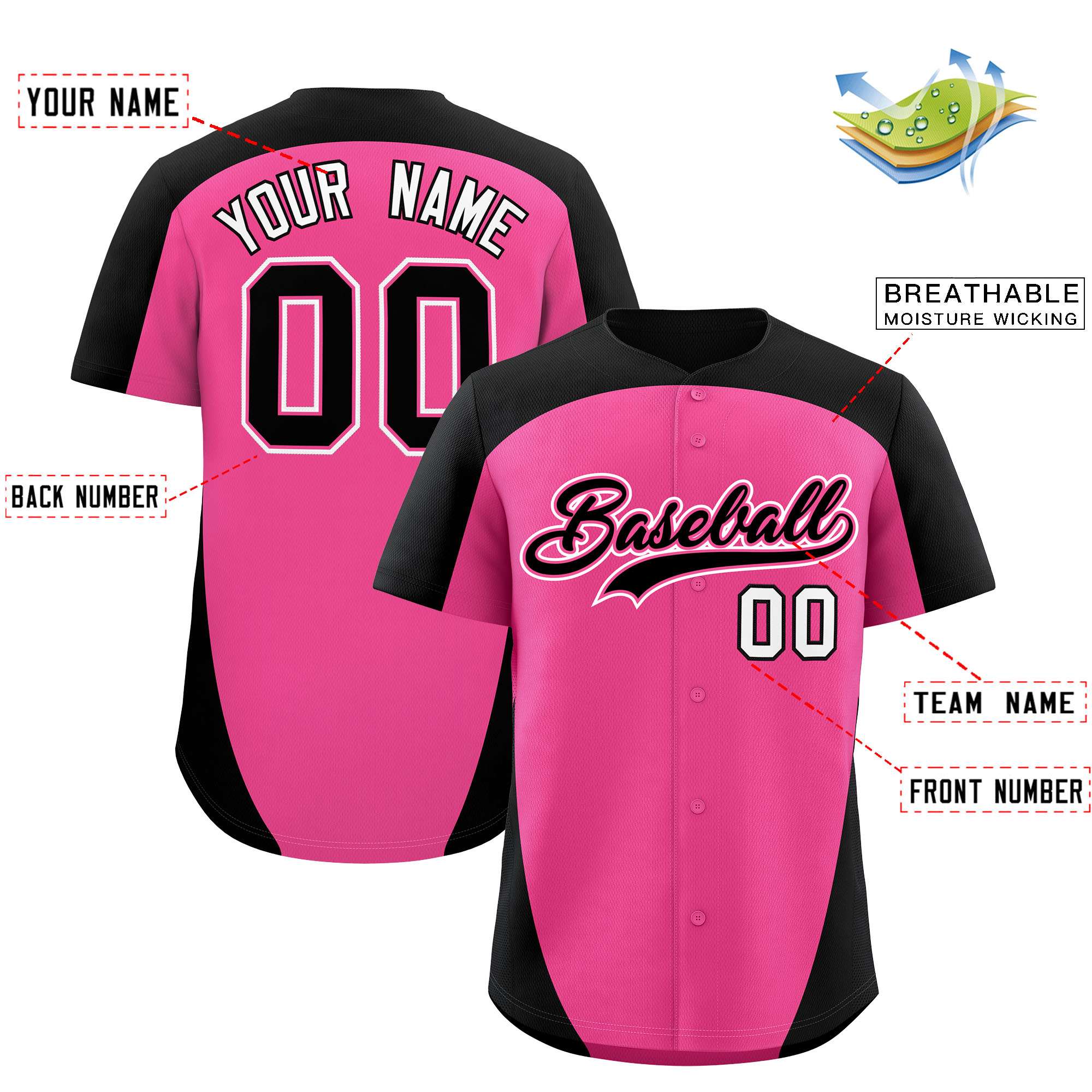 Custom Pink Black Personalized Edge Color Block Authentic Baseball Jersey