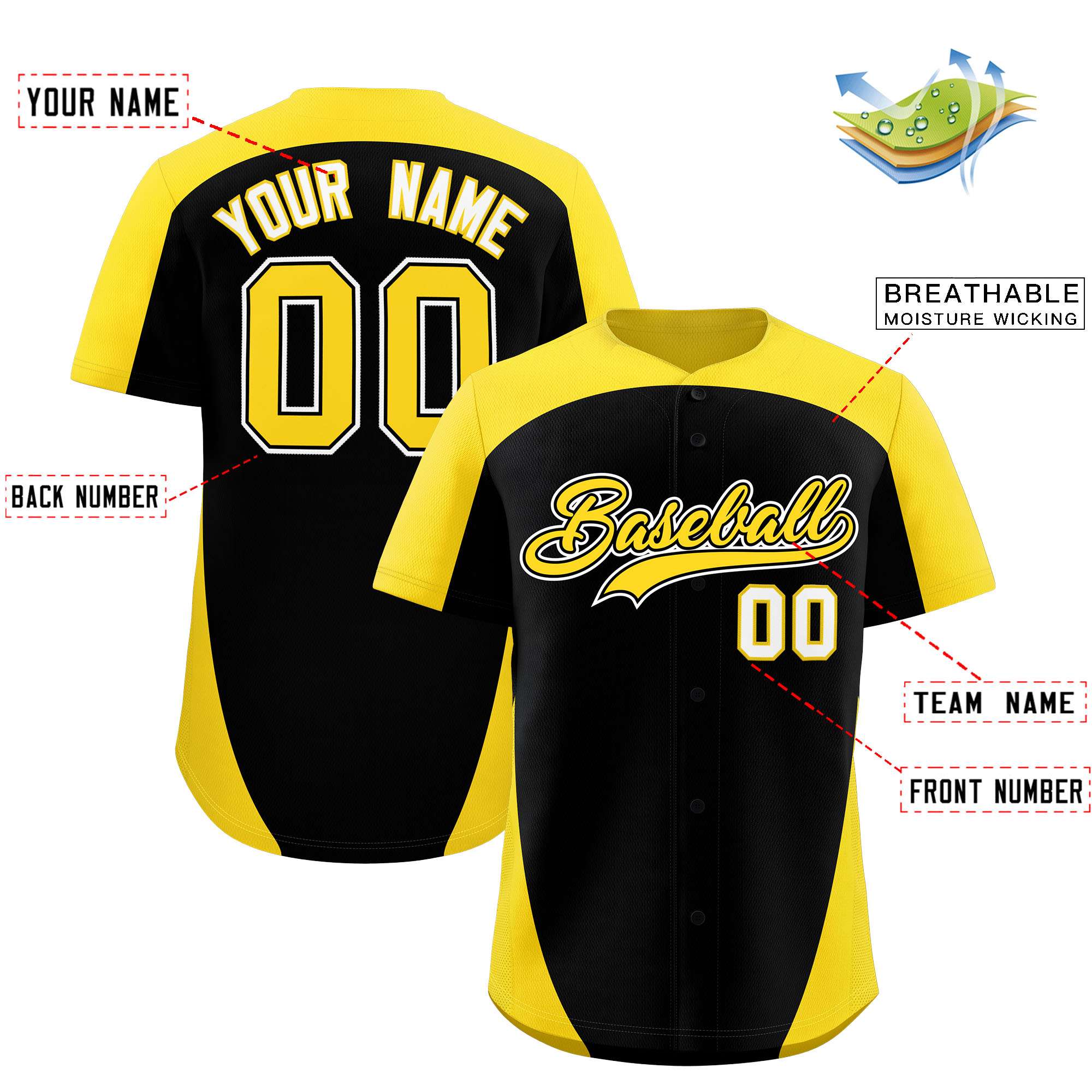 Custom Black Gold Personalized Edge Color Block Authentic Baseball Jersey
