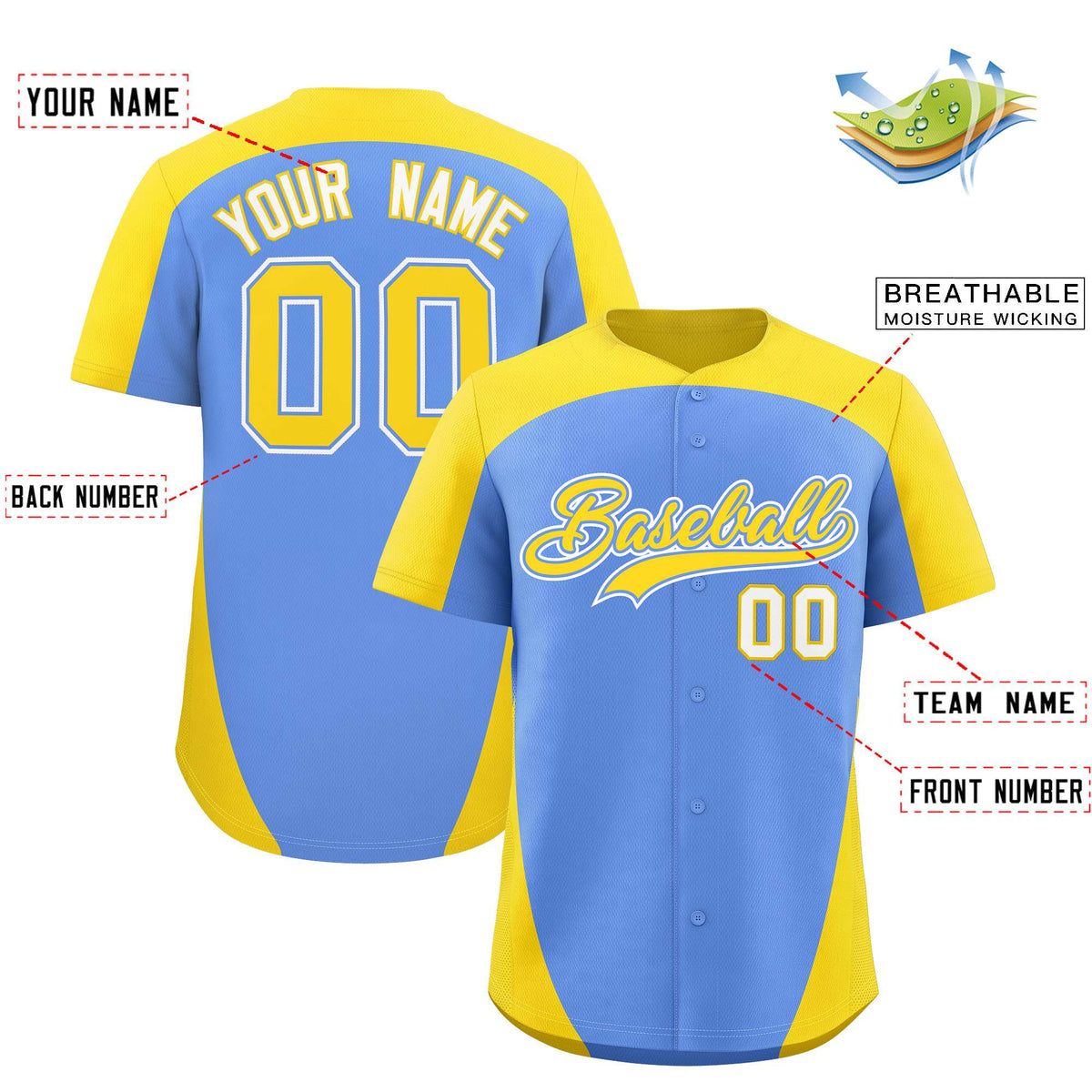 Custom Light Blue Gold Personalized Edge Color Block Authentic Baseball Jersey