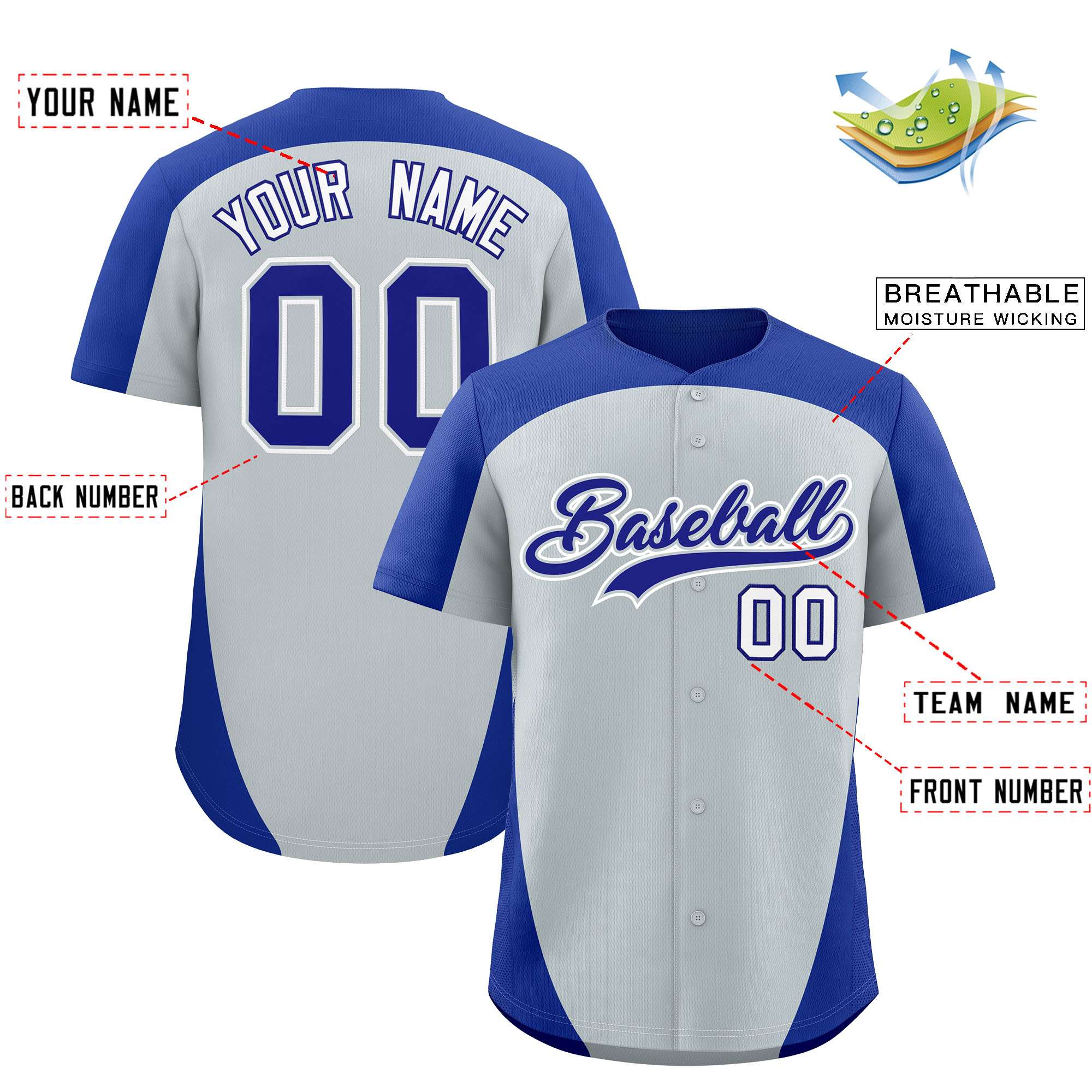 Custom Silver Royal Personalized Edge Color Block Authentic Baseball Jersey