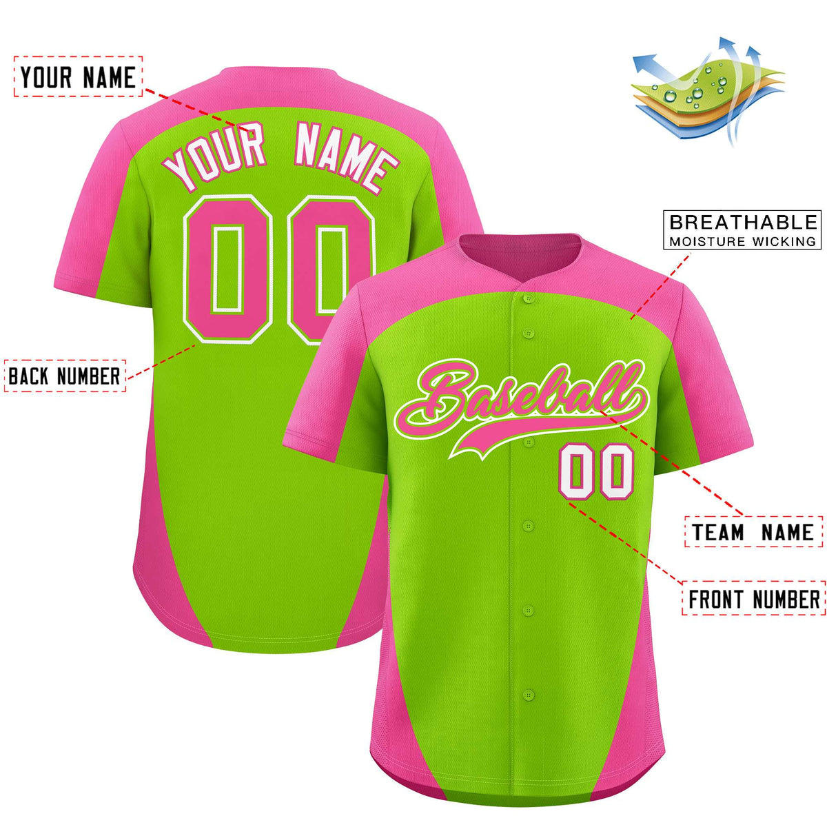 Custom Neon Green Pink Personalized Edge Color Block Authentic Baseball Jersey