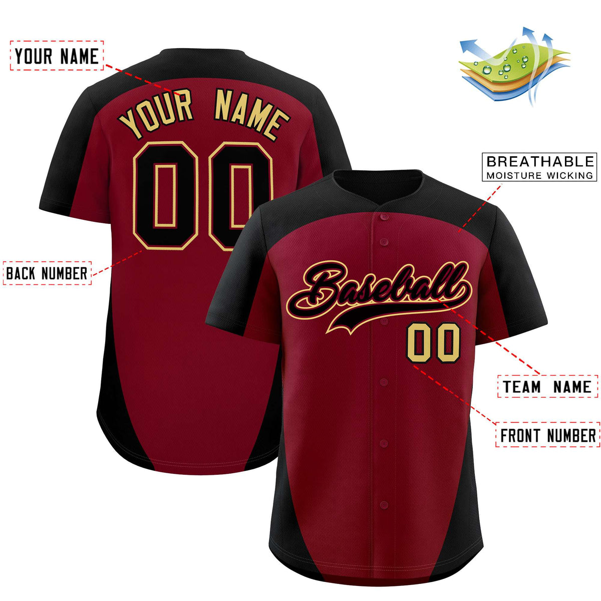Custom Crimson Black Personalized Edge Color Block Authentic Baseball Jersey