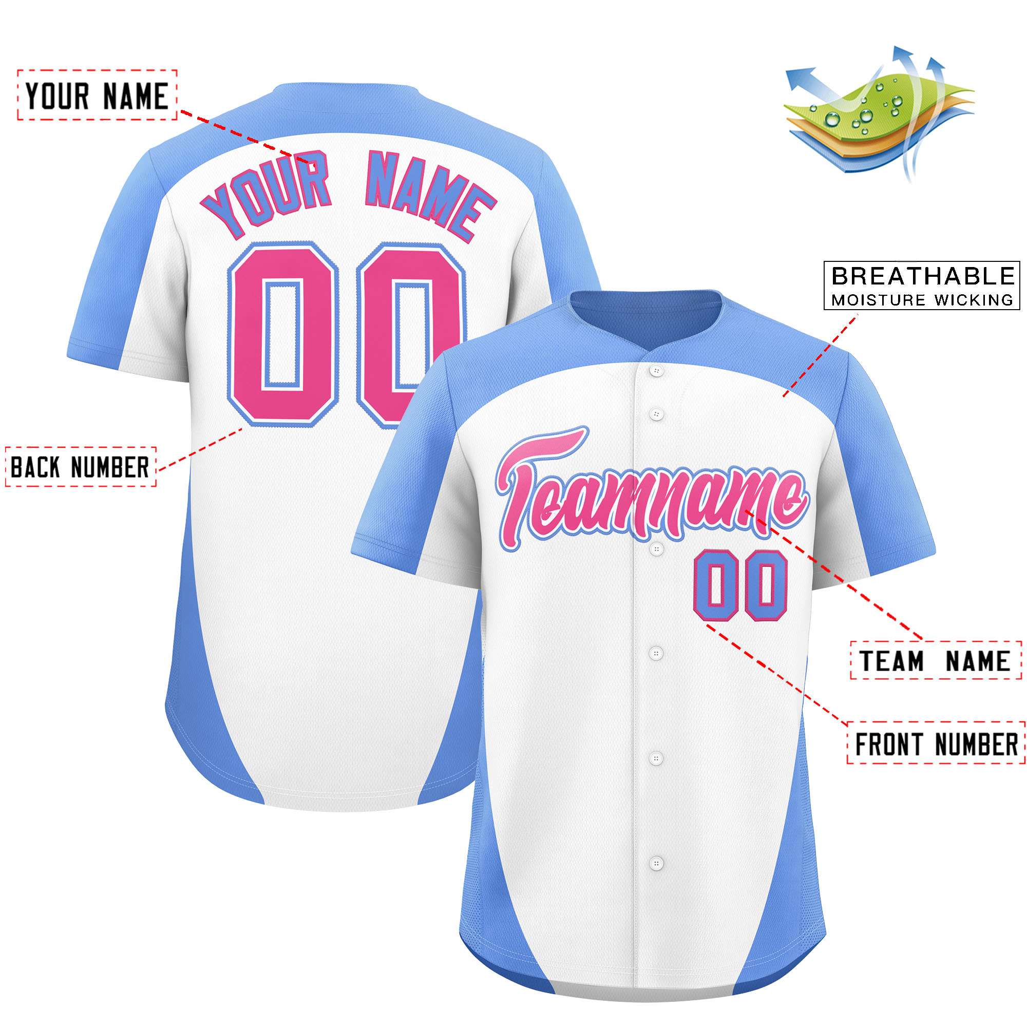Custom White Light Blue Personalized Edge Color Block Authentic Baseball Jersey