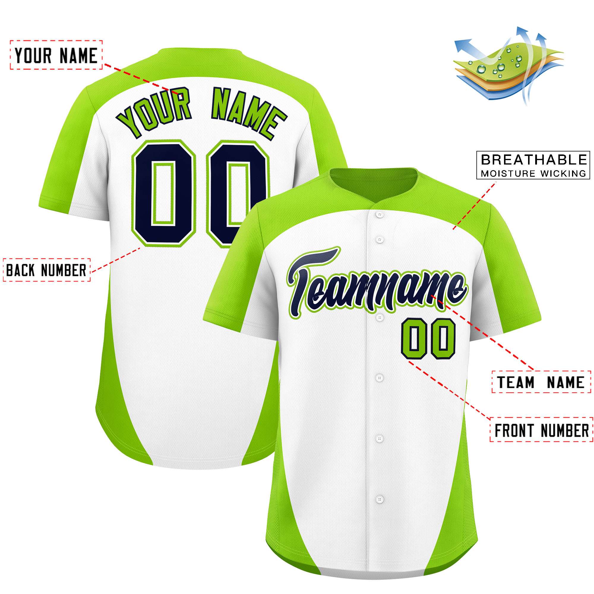 Custom White Neon Green Personalized Edge Color Block Authentic Baseball Jersey