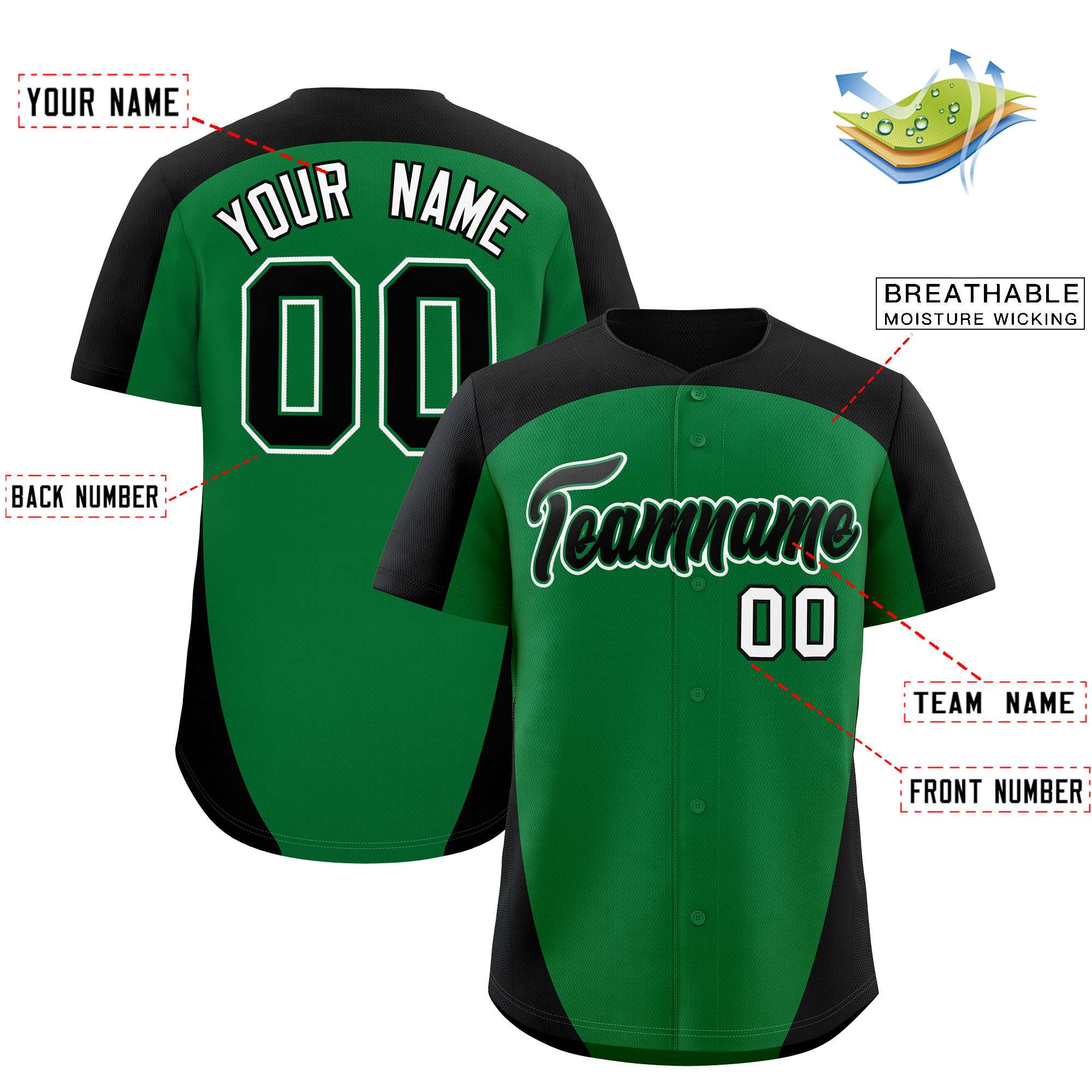 Custom Kelly Green Black Personalized Edge Color Block Authentic Baseball Jersey