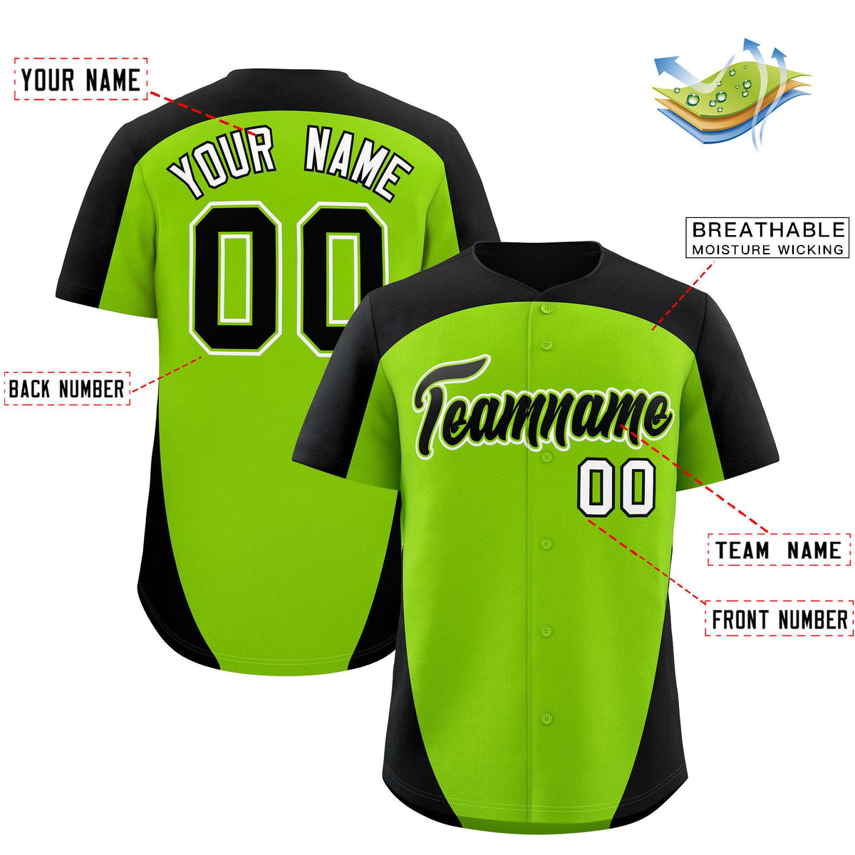 Custom Neon Green Black Personalized Edge Color Block Authentic Baseball Jersey