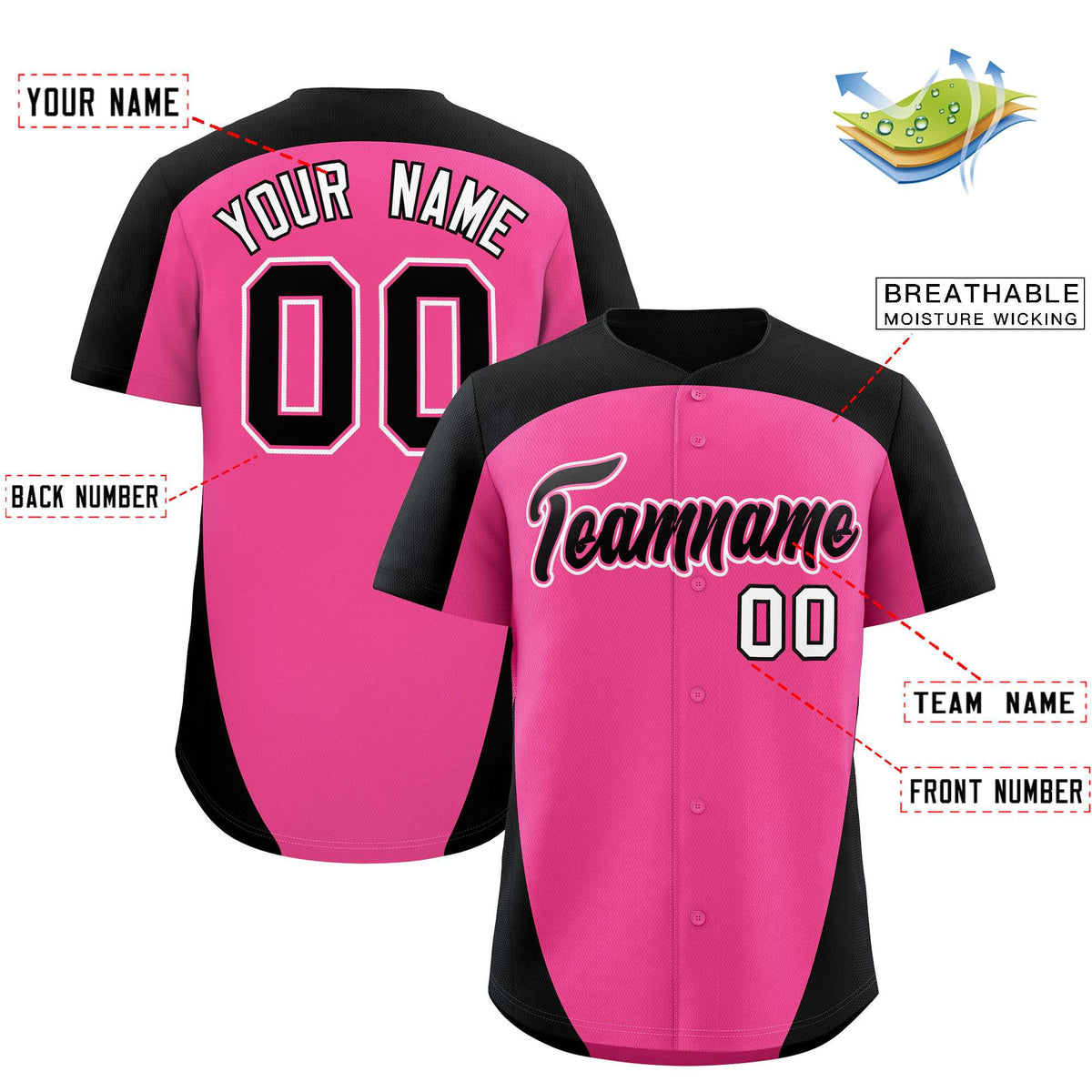 Custom Pink Black Personalized Edge Color Block Authentic Baseball Jersey