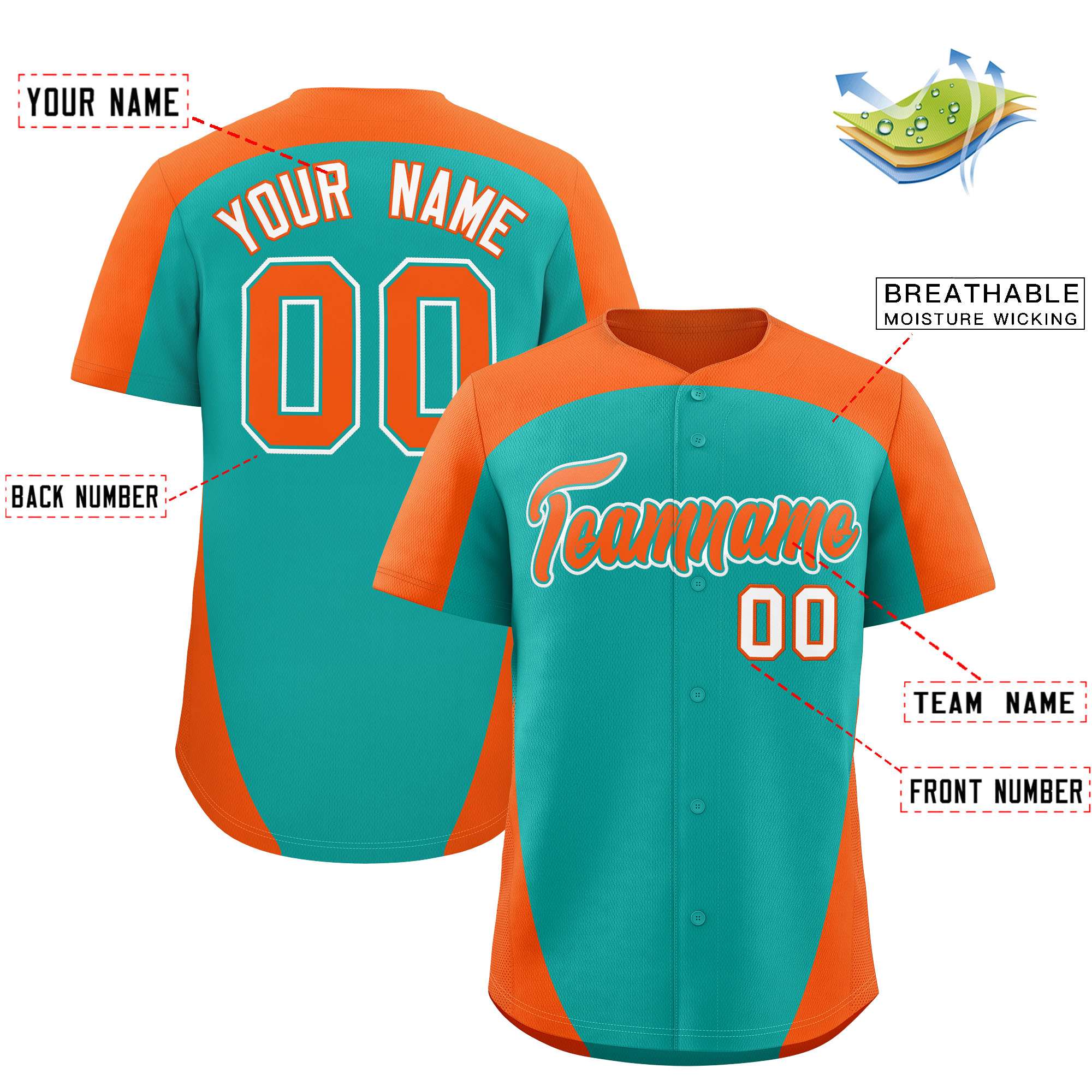 Custom Aqua Orange Personalized Edge Color Block Authentic Baseball Jersey