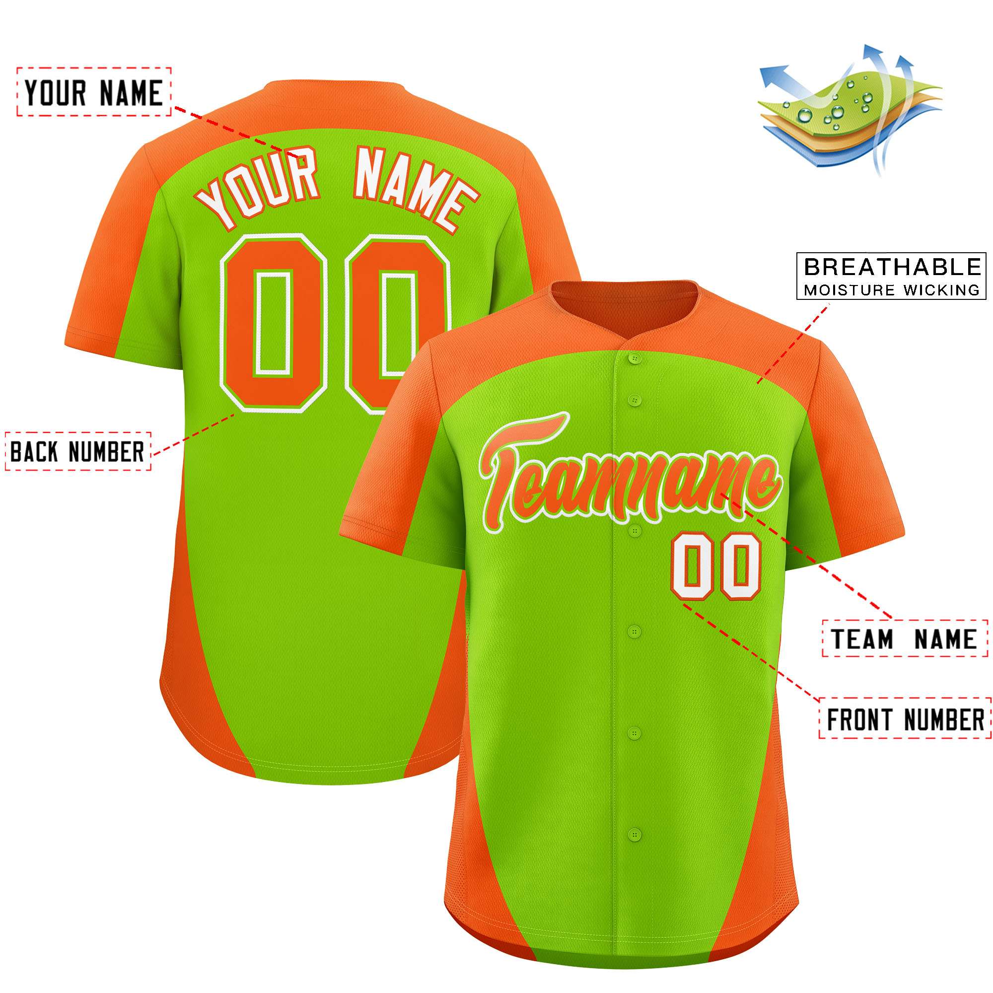 Custom Neon Green Orange Personalized Edge Color Block Authentic Baseball Jersey