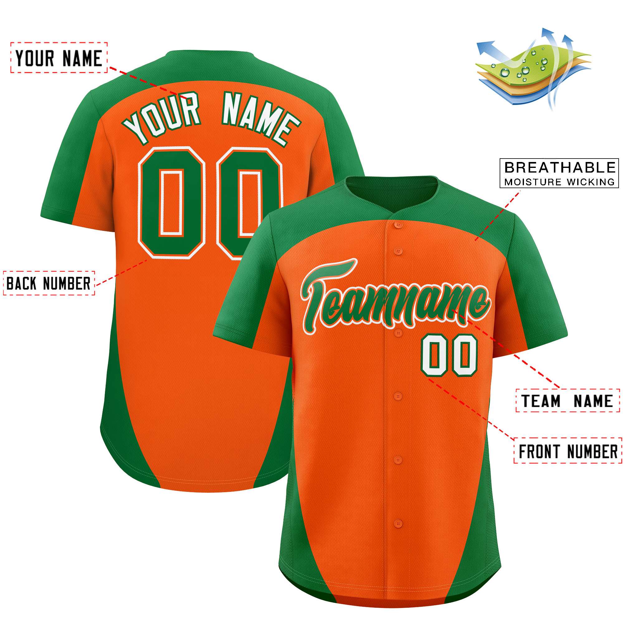 Custom Orange Kelly Green Personalized Edge Color Block Authentic Baseball Jersey