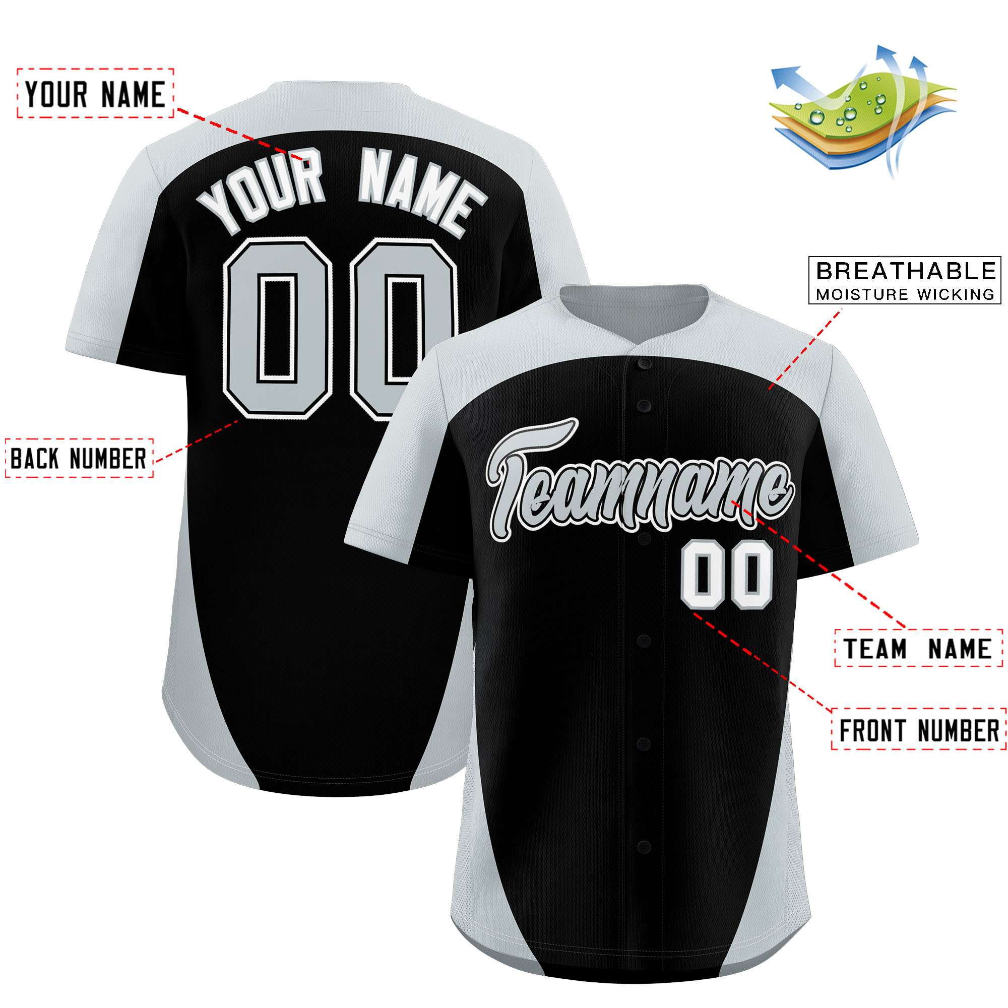 Custom Black Silver Personalized Edge Color Block Authentic Baseball Jersey