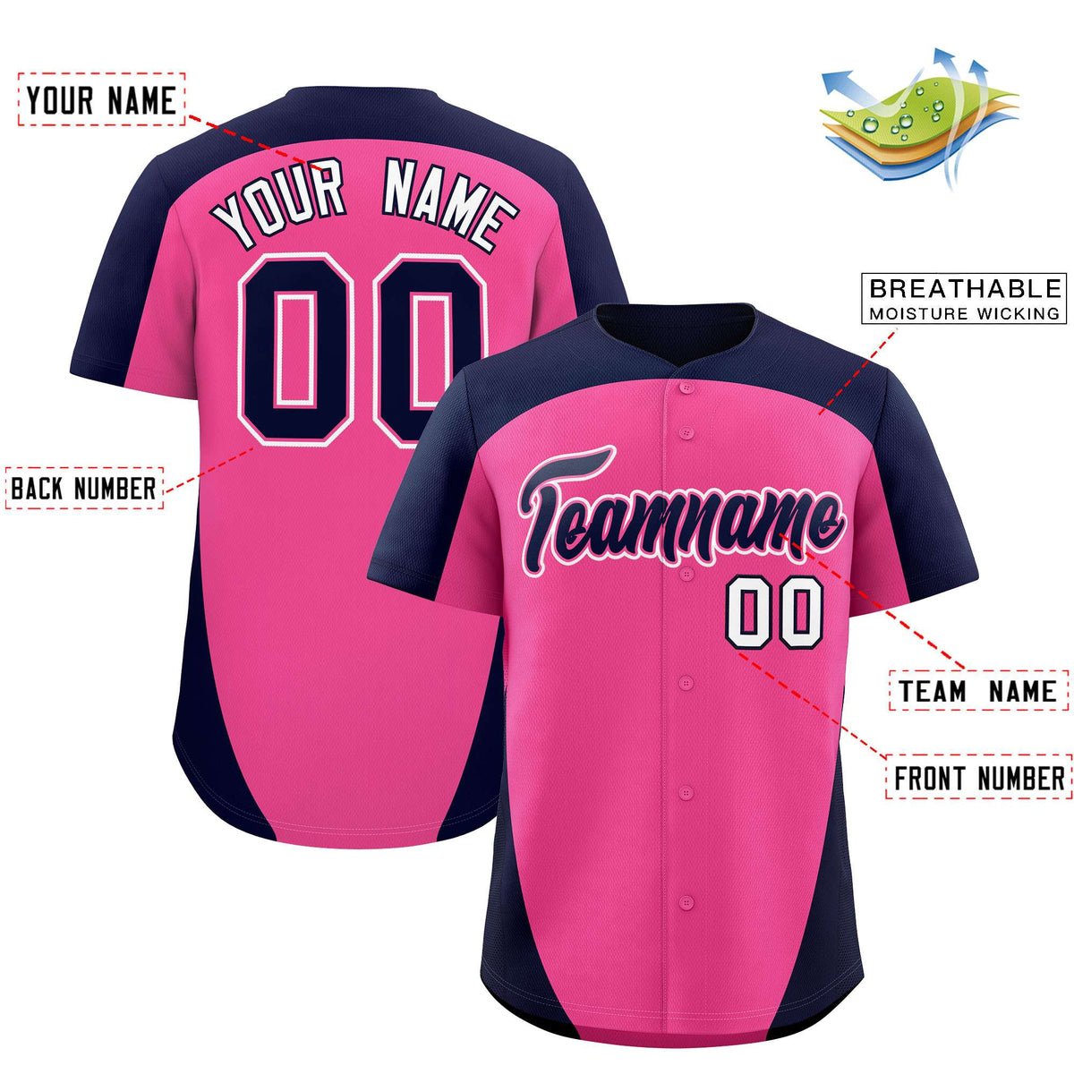 Custom Pink Navy Personalized Edge Color Block Authentic Baseball Jersey