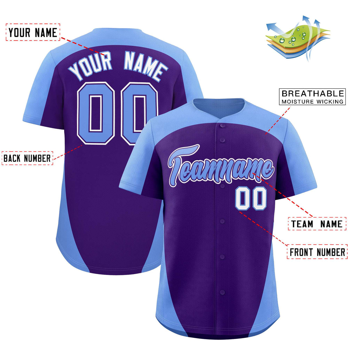 Custom Purple Light Blue Personalized Edge Color Block Authentic Baseball Jersey