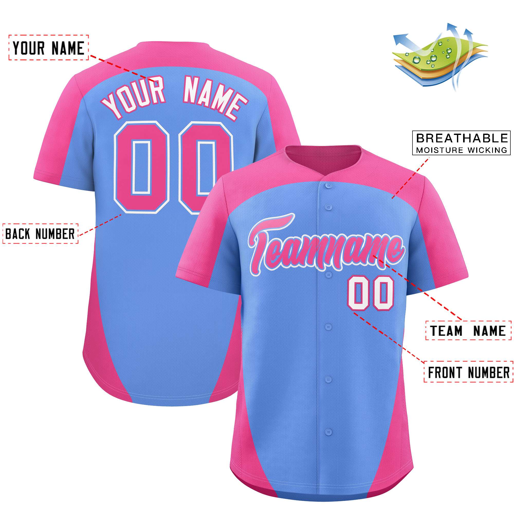 Custom Light Blue Pink Personalized Edge Color Block Authentic Baseball Jersey