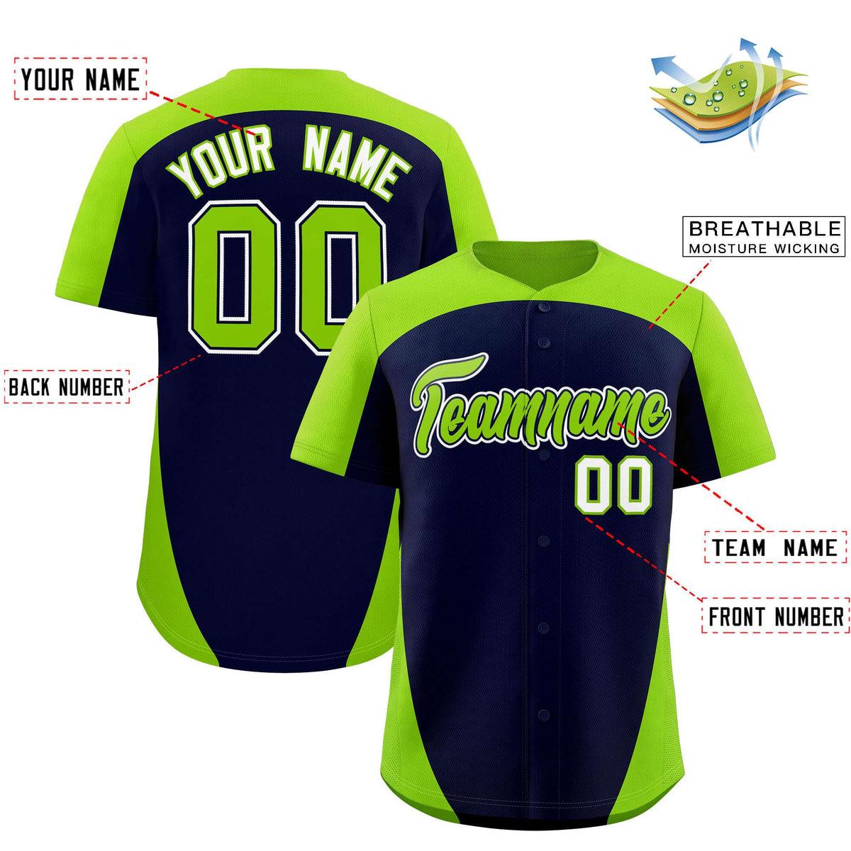 Custom Navy Neon Green Personalized Edge Color Block Authentic Baseball Jersey
