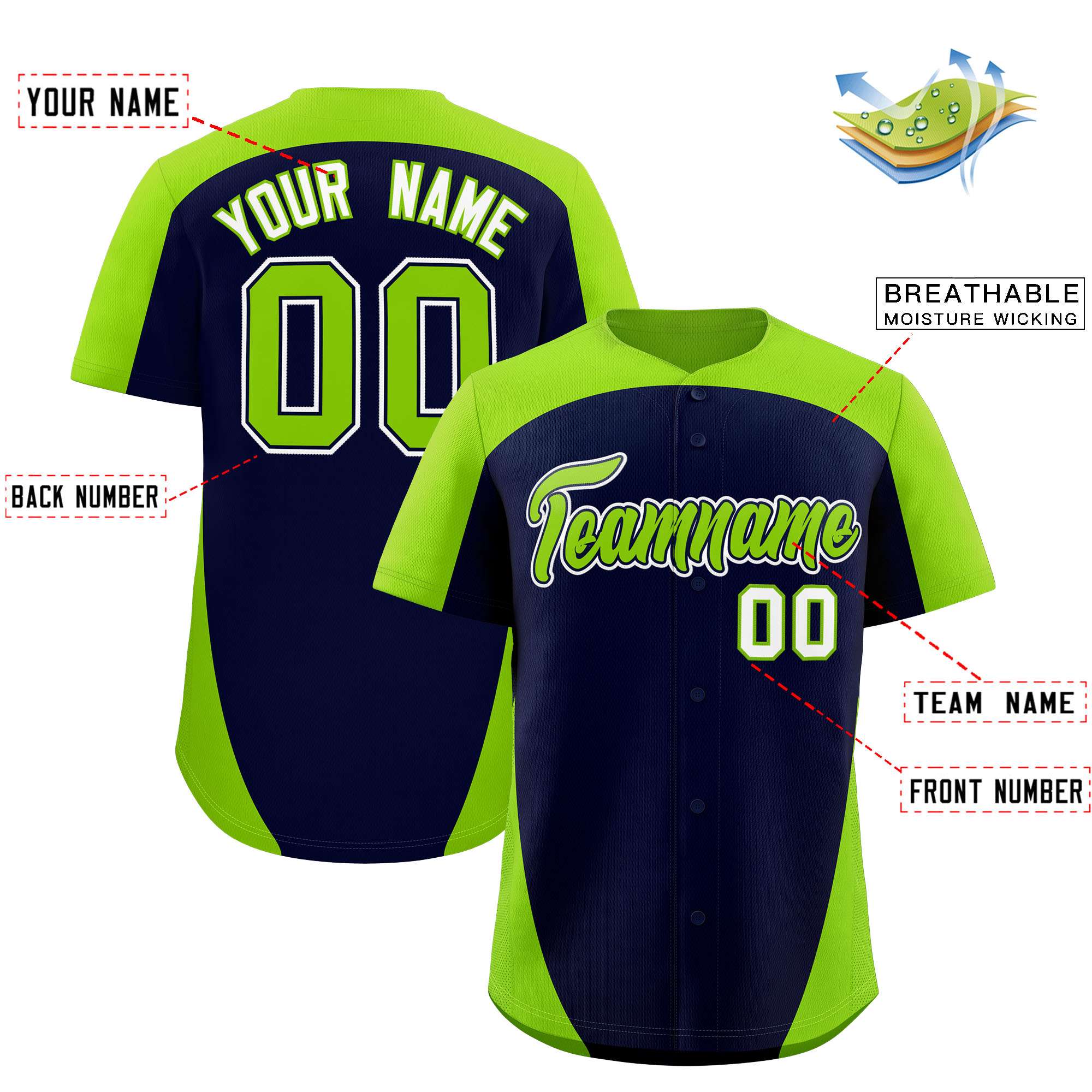 Custom Navy Neon Green Personalized Edge Color Block Authentic Baseball Jersey