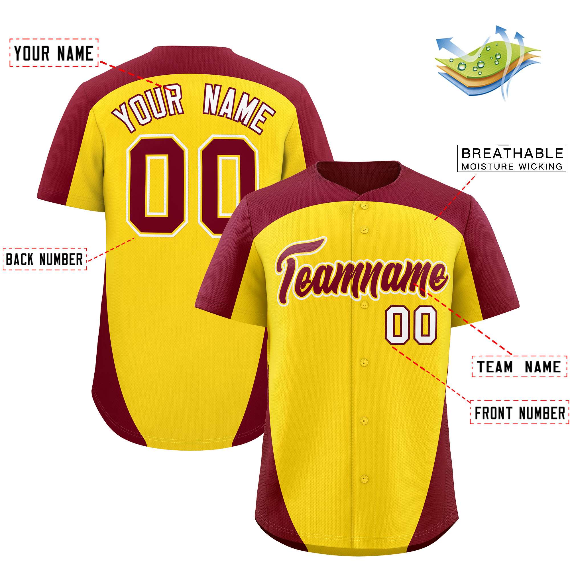 Custom Gold Crimson Personalized Edge Color Block Authentic Baseball Jersey