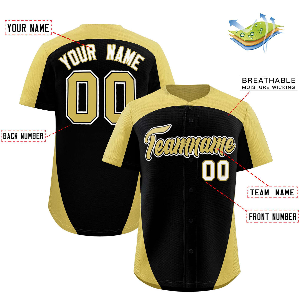 Custom Black Old Gold Personalized Edge Color Block Authentic Baseball Jersey