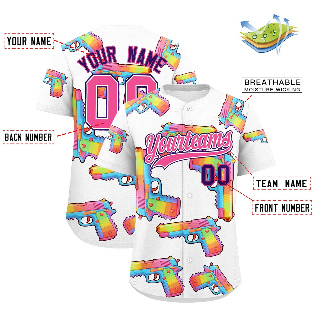 Custom Youth Baseball Jersey White Pink Sugar-Coated Firepower Graffiti Pattern Street Style