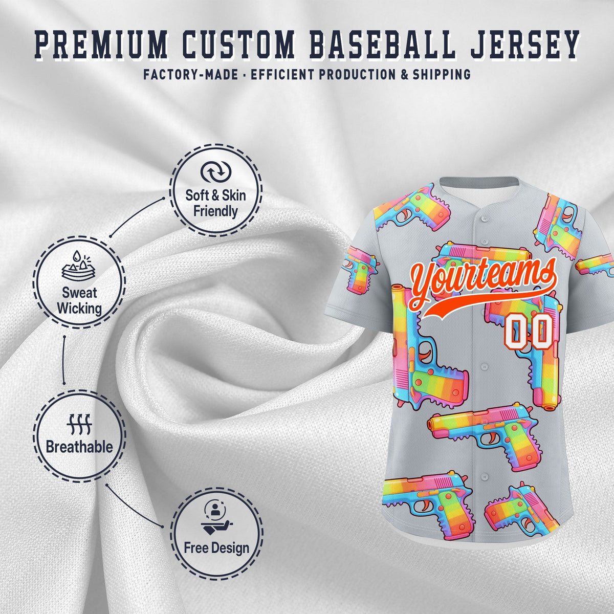 Custom Youth Baseball Jersey Silver Orange Sugar-Coated Firepower Graffiti Pattern Hip-hop