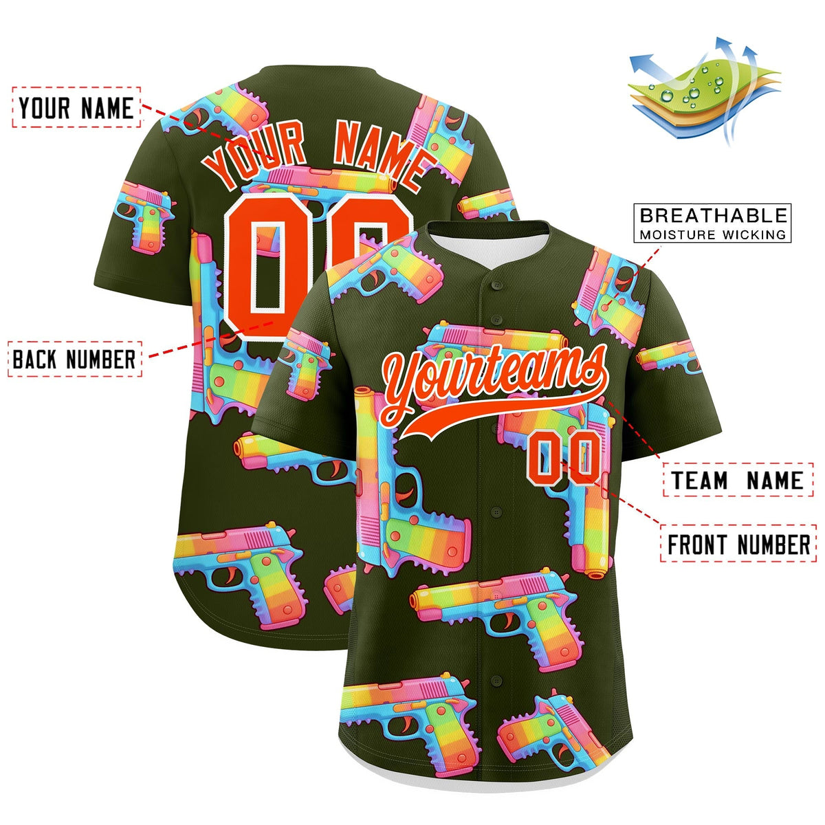 Custom Youth Baseball Jersey Olive Orange Sugar-Coated Firepower Graffiti Pattern Hip-hop