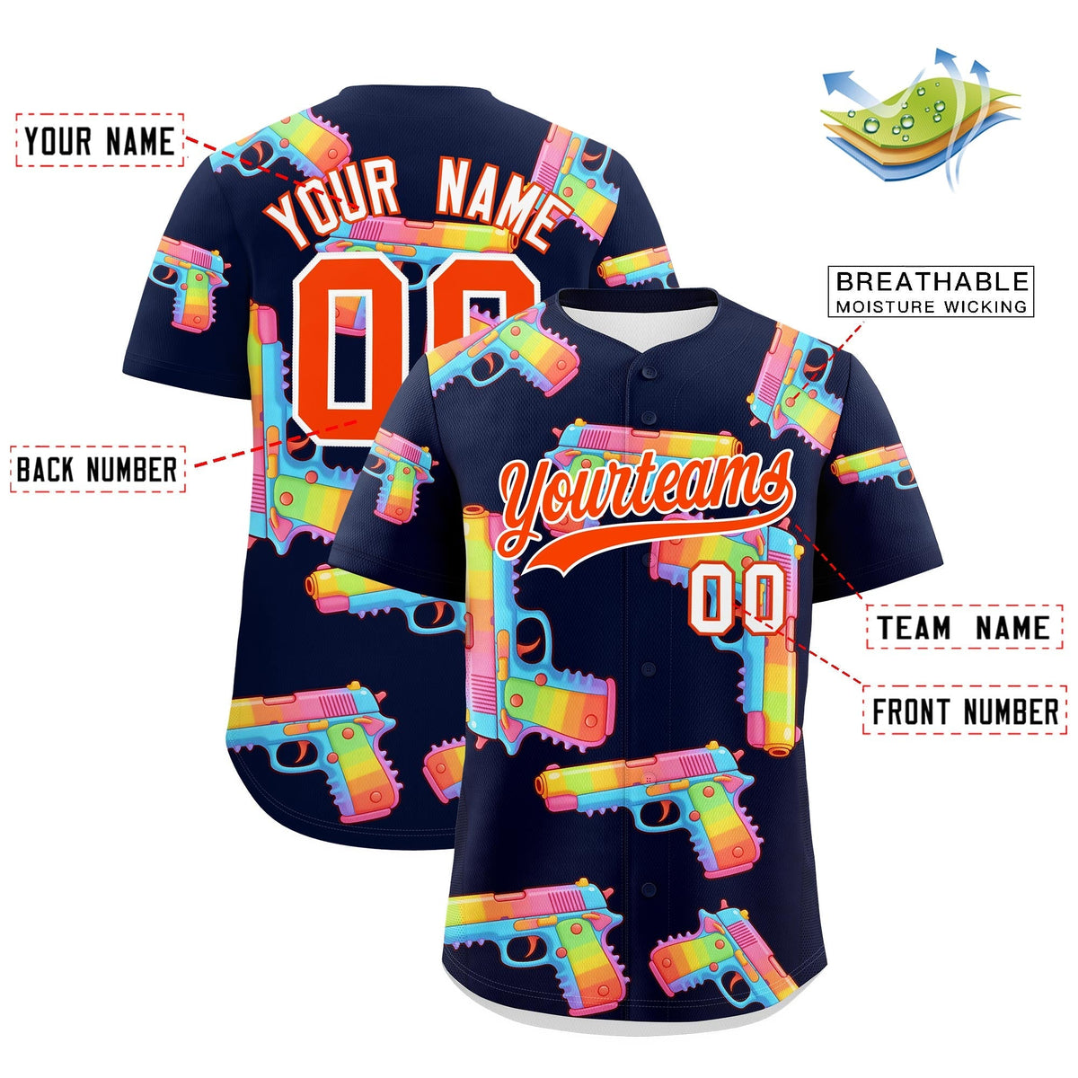 Custom Youth Baseball Jersey Navy Orange Sugar-Coated Firepower Graffiti Pattern Urban Fashion