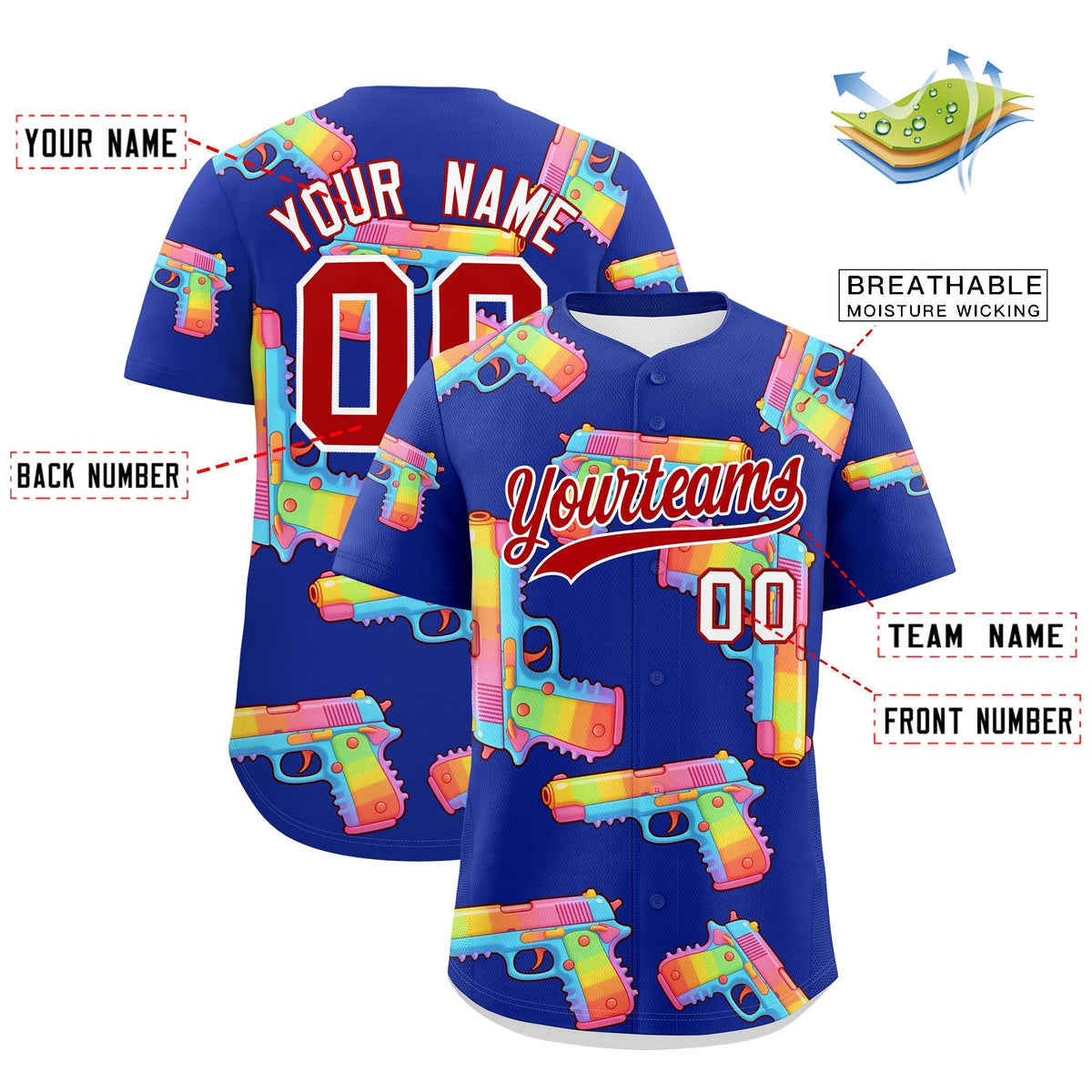 Custom Youth Baseball Jersey Royal Blue Red Sugar-Coated Firepower Graffiti Pattern Urban Fashion