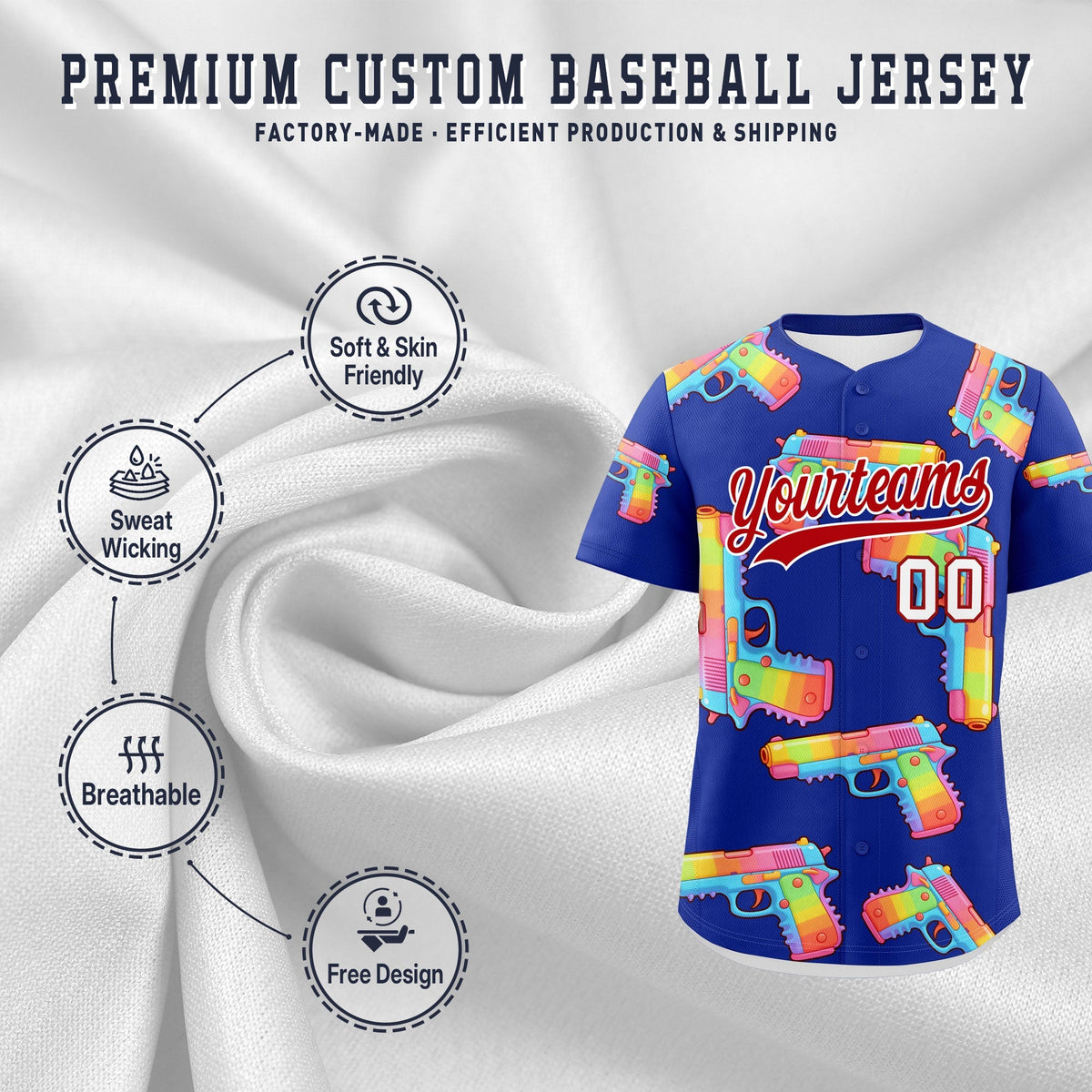 Custom Youth Baseball Jersey Royal Blue Red Sugar-Coated Firepower Graffiti Pattern Urban Fashion