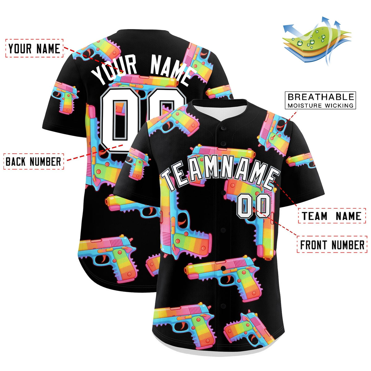 Custom Youth Baseball Jersey Black White Sugar-Coated Firepower Graffiti Pattern Street Style