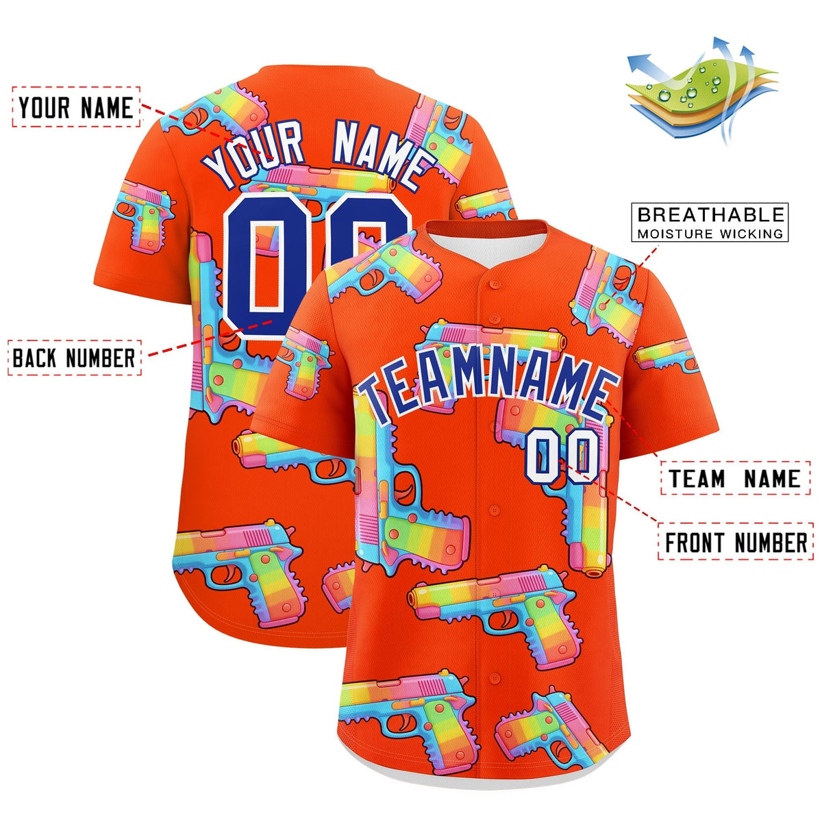 Custom Youth Baseball Jersey Orange Royal Blue Sugar-Coated Firepower Graffiti Pattern Urban Fashion