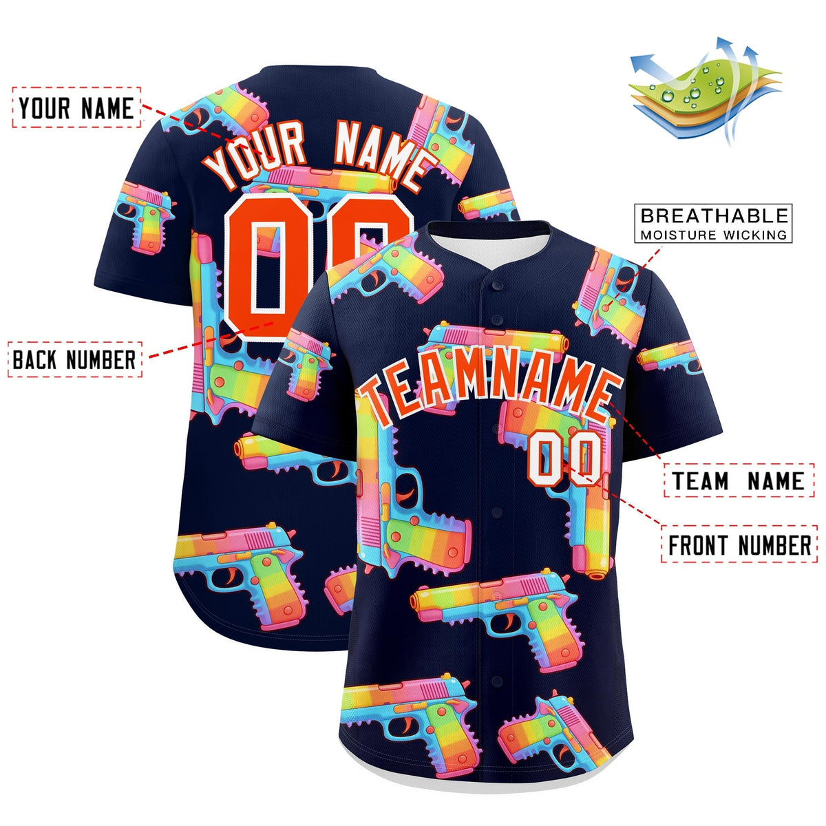 Custom Youth Baseball Jersey Navy Orange Sugar-Coated Firepower Graffiti Pattern Urban Fashion