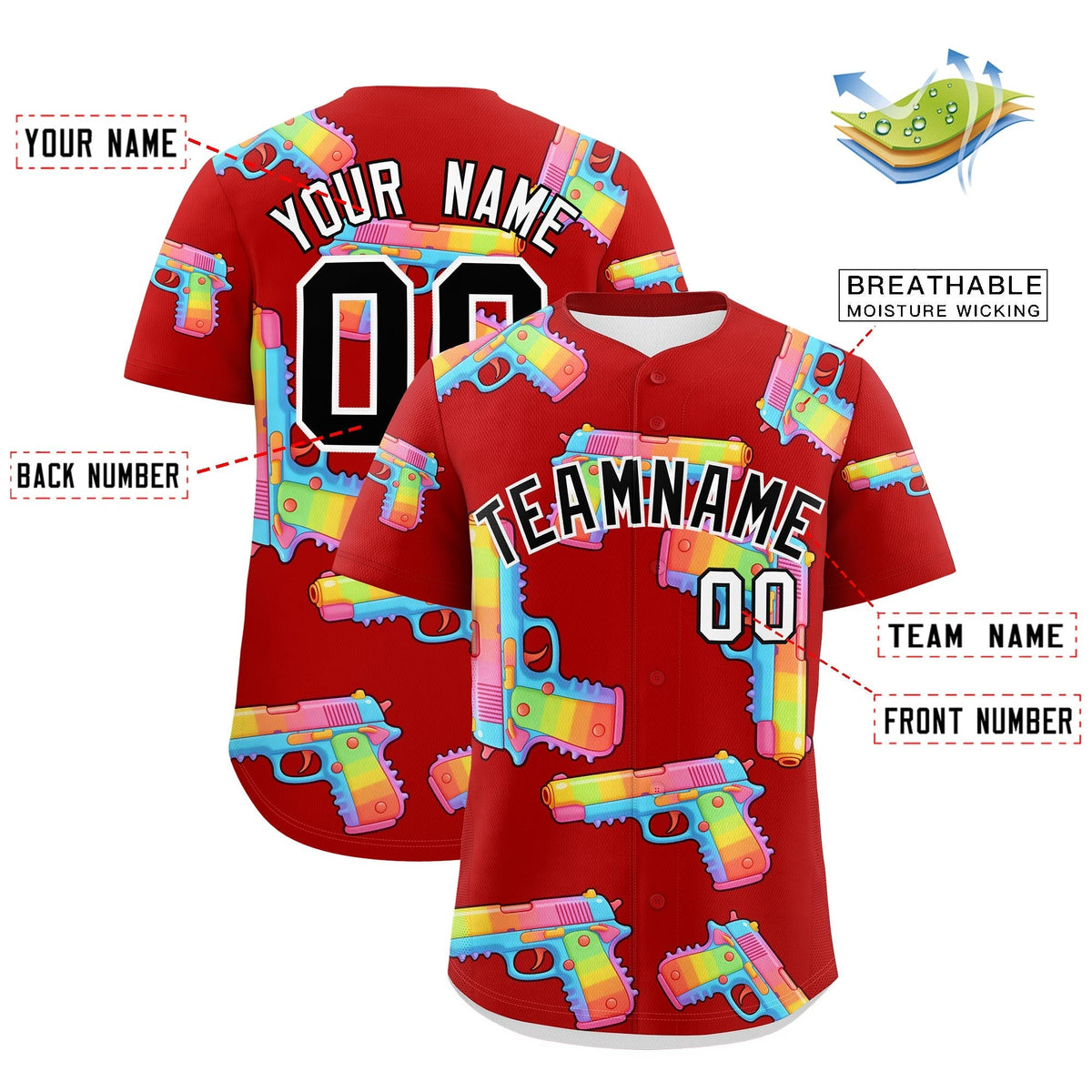 Custom Youth Baseball Jersey Red Black Sugar-Coated Firepower Graffiti Pattern Street Style