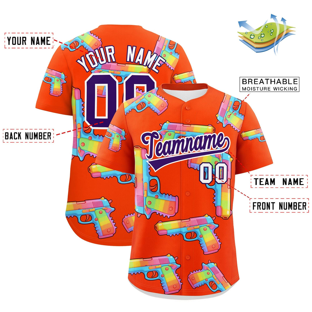 Custom Youth Baseball Jersey Orange Purple Sugar-Coated Firepower Graffiti Pattern Street Style