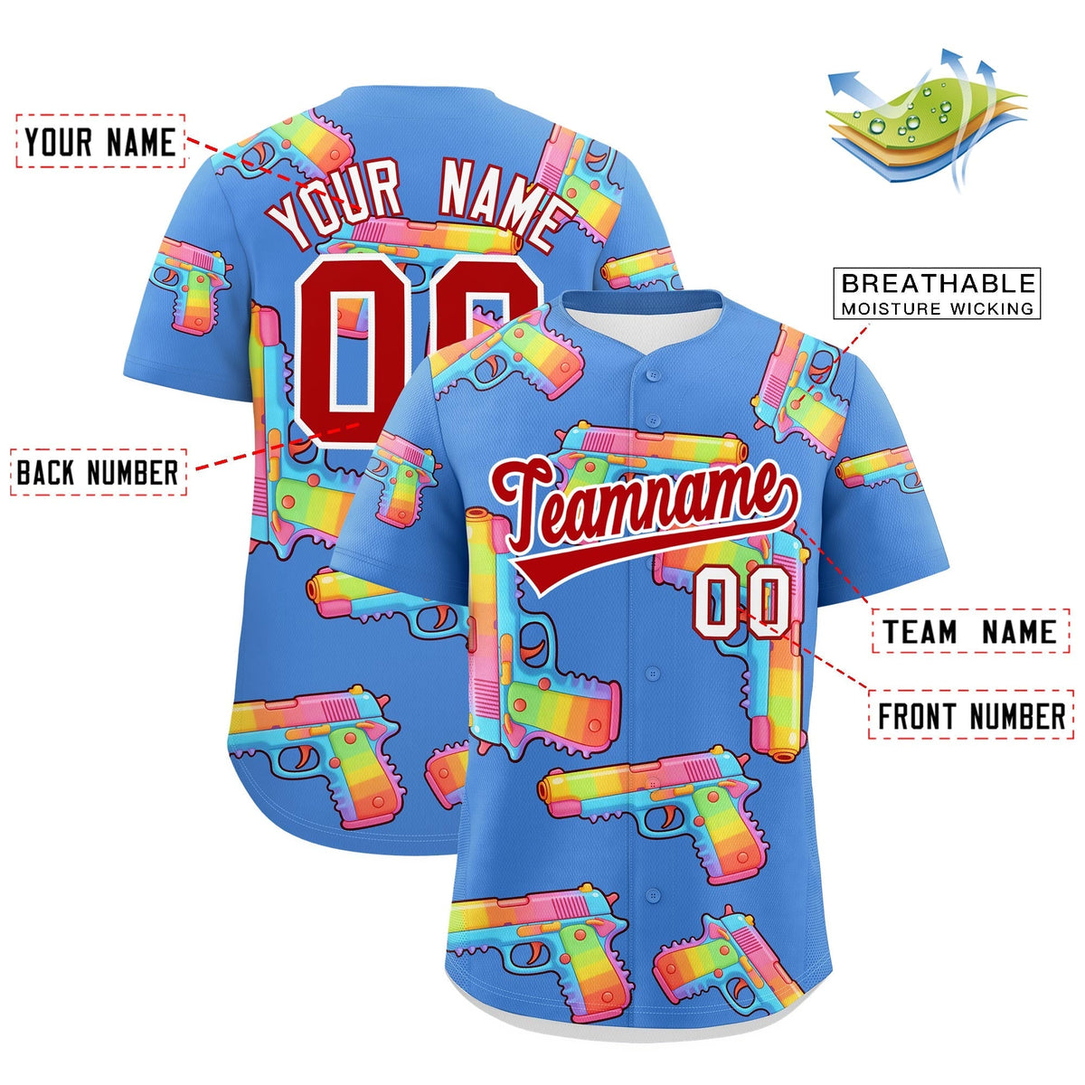 Custom Youth Baseball Jersey Powder Blue Red Sugar-Coated Firepower Graffiti Pattern Urban Fashion