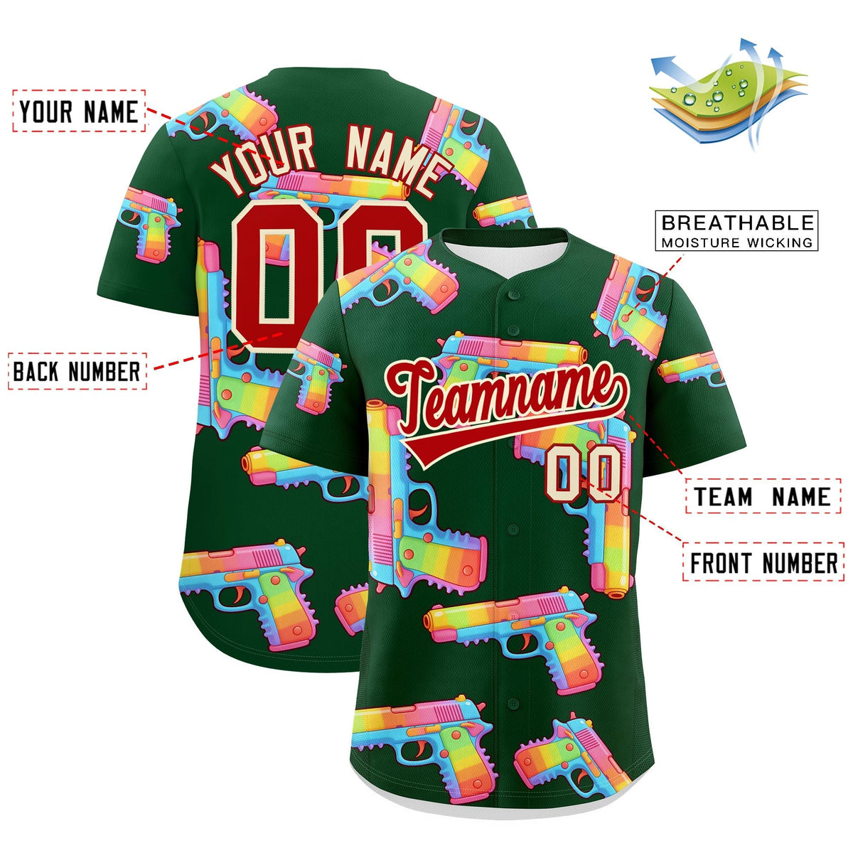 Custom Youth Baseball Jersey Dark Green Red Sugar-Coated Firepower Graffiti Pattern Urban Fashion