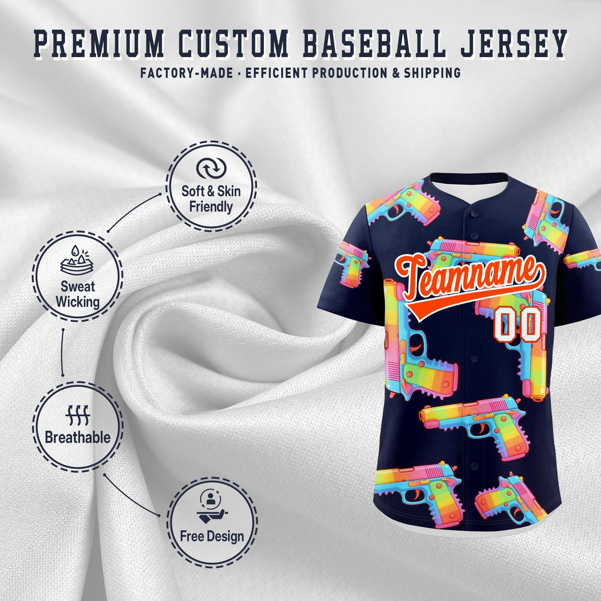 Custom Youth Baseball Jersey Navy Orange Sugar-Coated Firepower Graffiti Pattern Urban Fashion