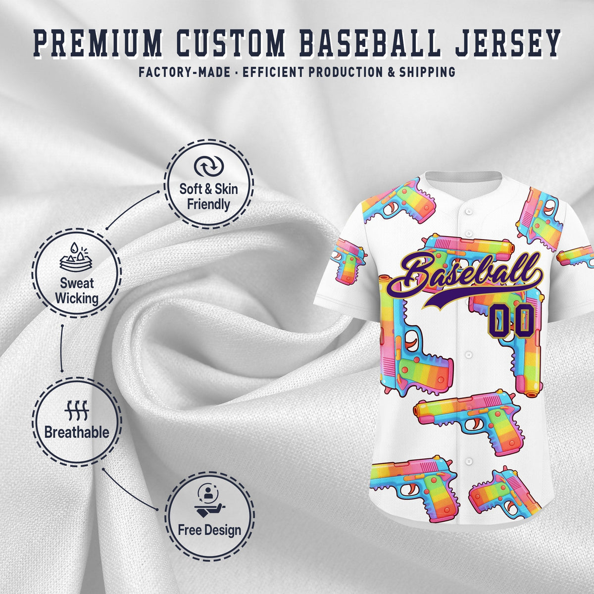 Custom Youth Baseball Jersey White Purple Sugar-Coated Firepower Graffiti Pattern Street Style