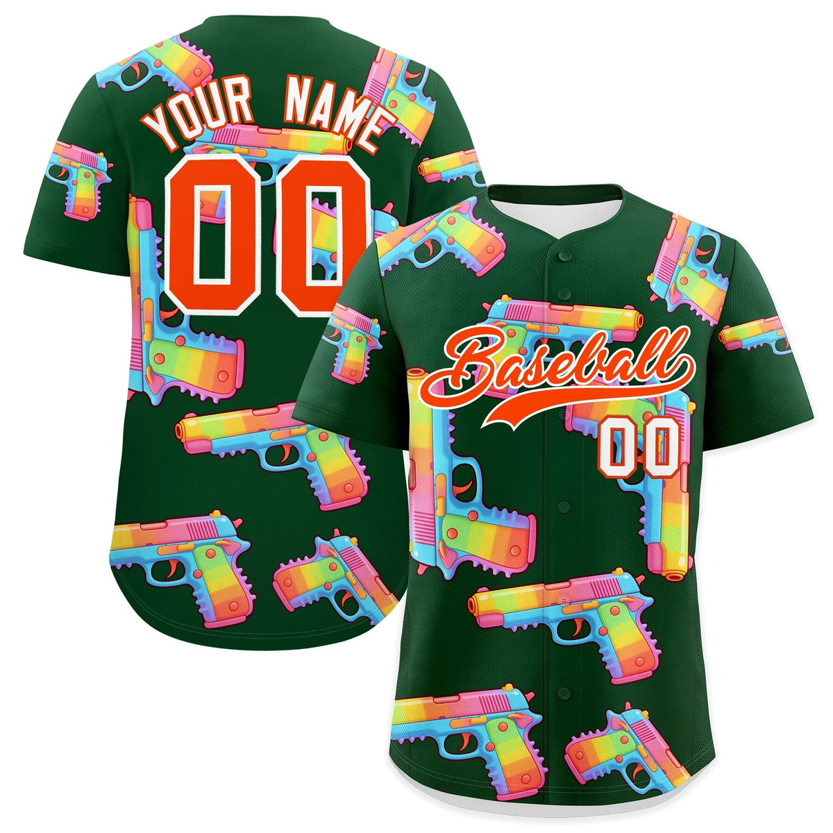 Custom Youth Baseball Jersey Dark Green Orange Sugar-Coated Firepower Graffiti Pattern Hip-hop