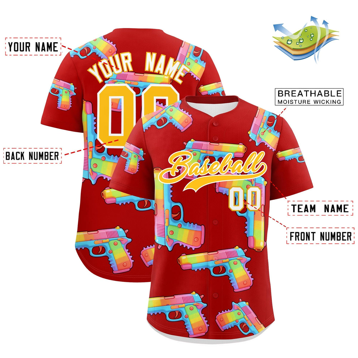 Custom Youth Baseball Jersey Red Yellow Sugar-Coated Firepower Graffiti Pattern Urban Fashion
