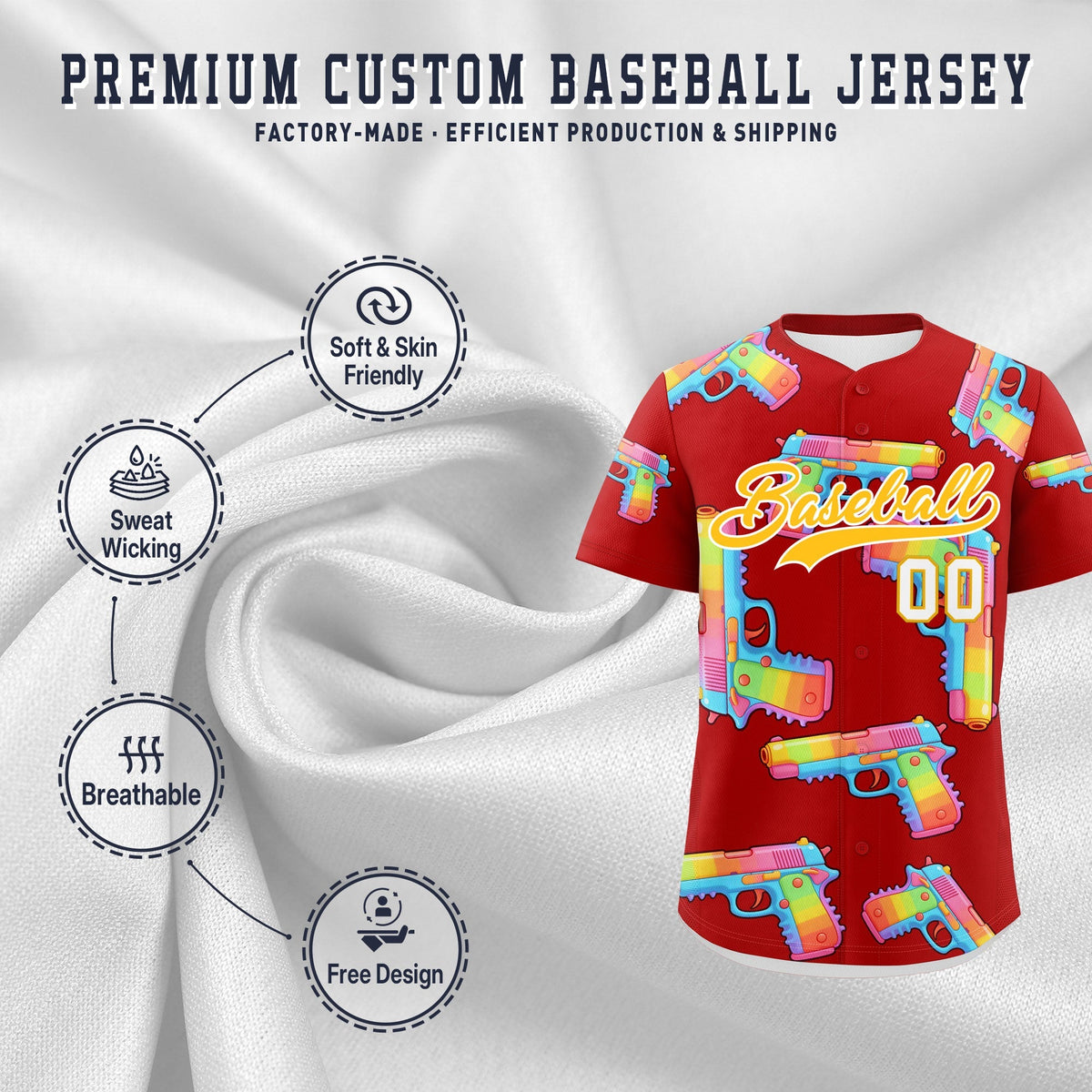 Custom Youth Baseball Jersey Red Yellow Sugar-Coated Firepower Graffiti Pattern Urban Fashion